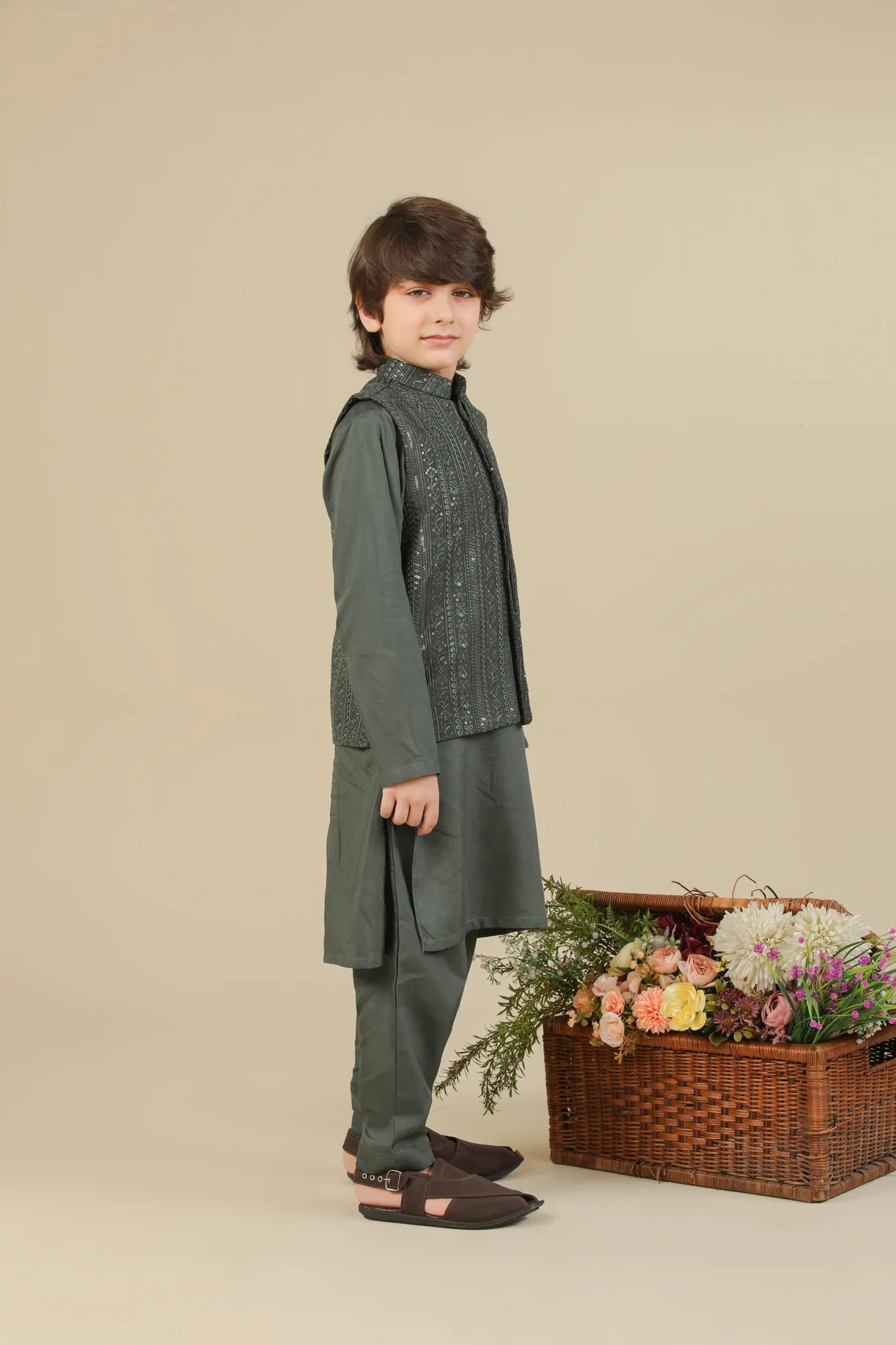 Olive Green Kurta Trouser with Falling Embroidered Waistcoat - 3PC - Kids - Muraqsh -- Kidswear