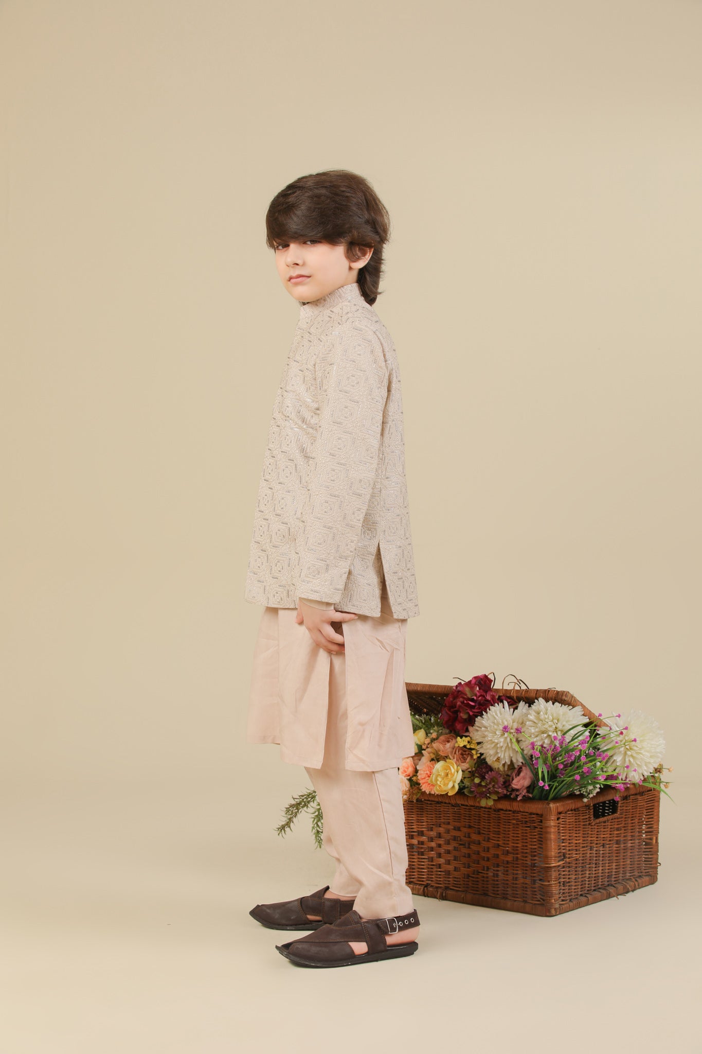 Coffee Beige Square Embroidered Prince Coat - Kids - Men
