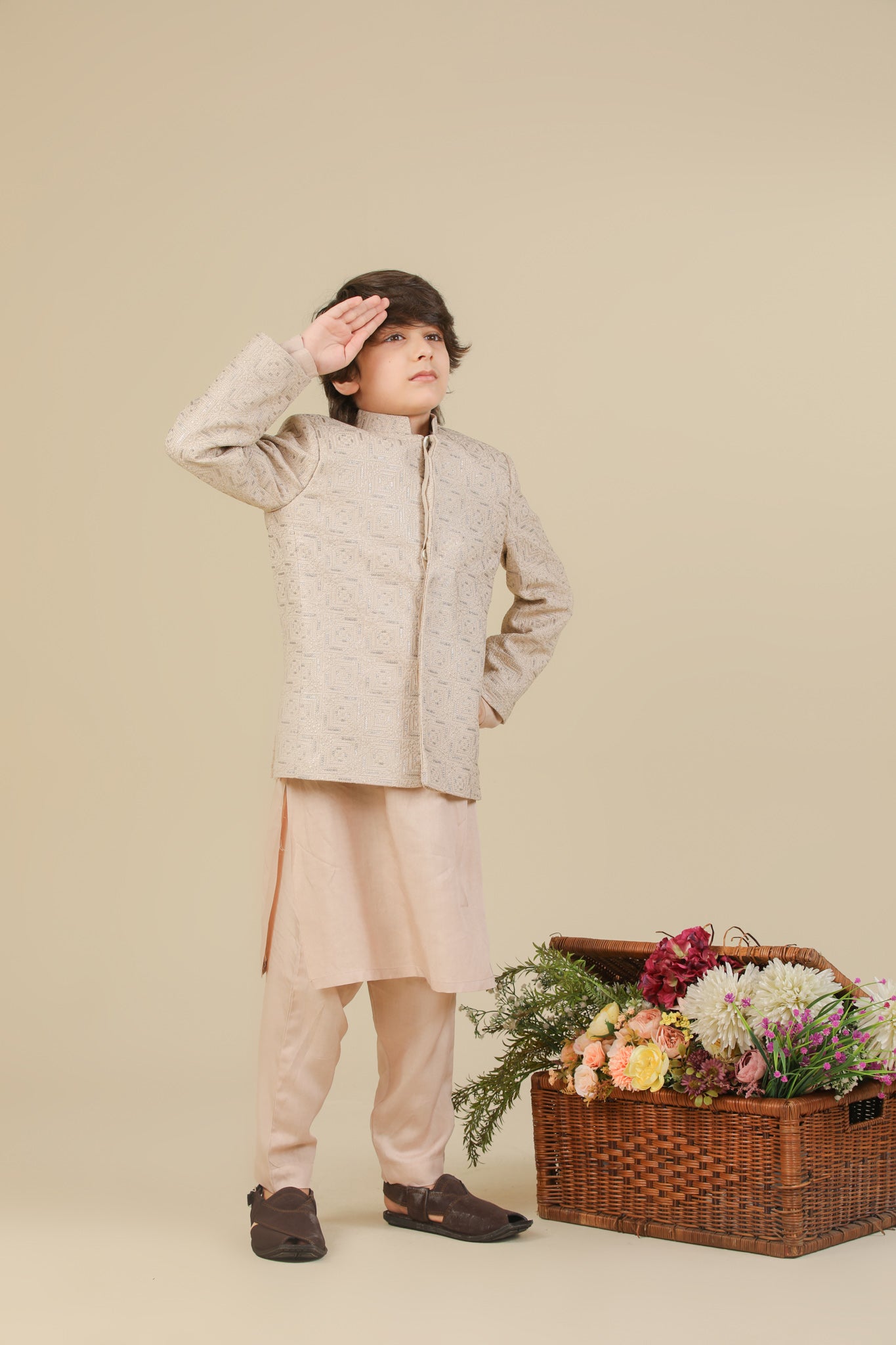 Coffee Beige Kurta Trouser with Square Embroidered Prince Coat - 3PC - Kids - Men