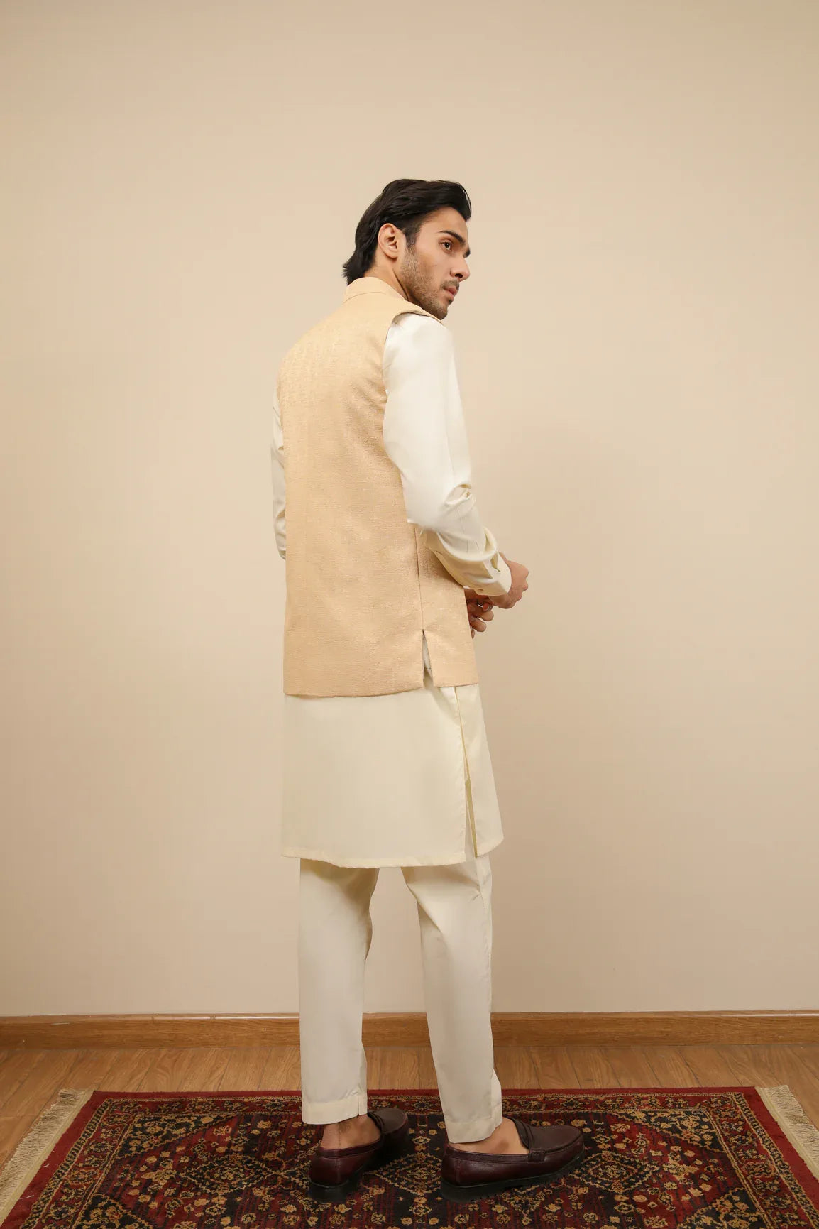 Bosky White Kurta Trouser with Ivory Jamawar Waistcoat - 3PC - Men - Muraqsh -- Wedding Wear