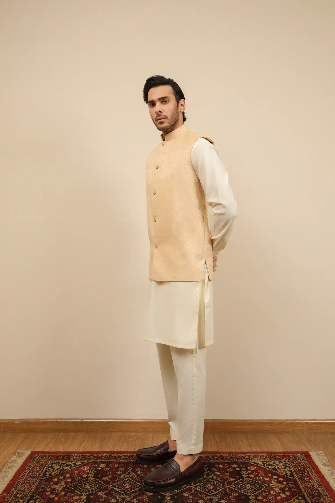 Bosky White Kurta Trouser with Ivory Jamawar Waistcoat - 3PC - Men - Muraqsh -- Wedding Wear