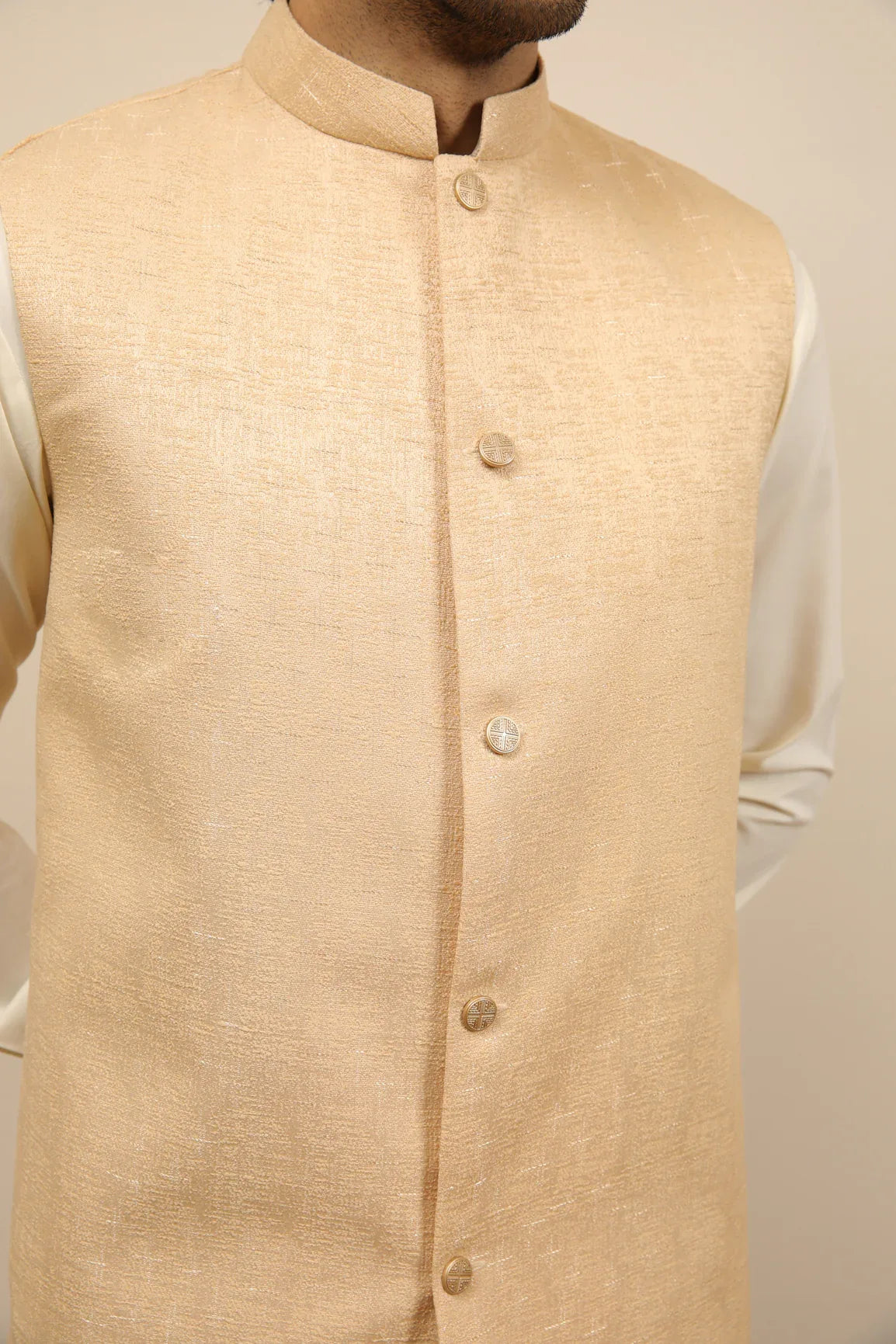 Ivory Jamawar Textured Waistcoat - Men - Muraqsh -- Wedding Wear