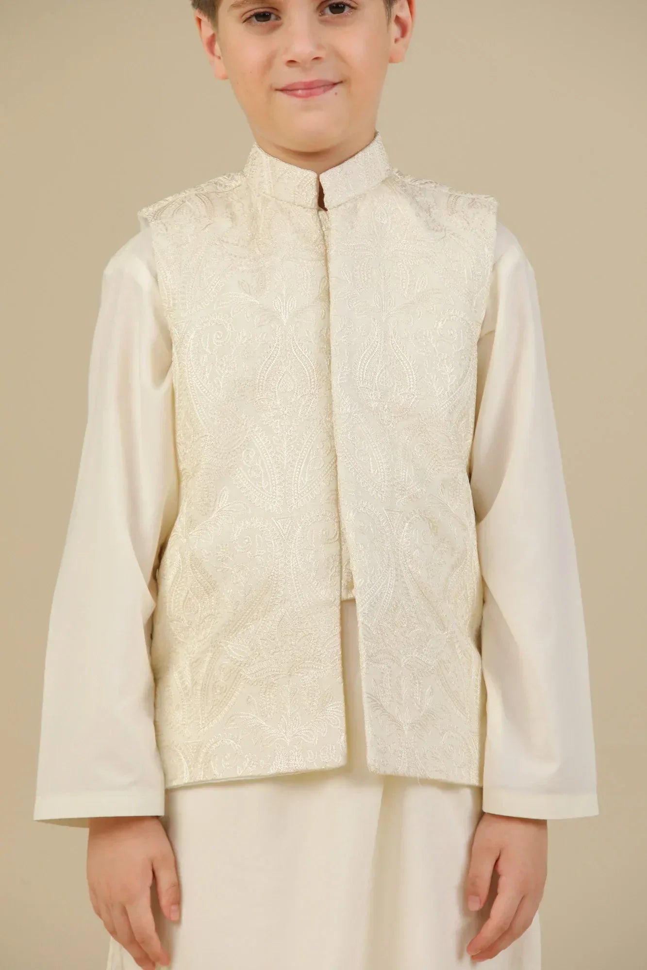 Bosky White Cross Stitched Embroidered Waistcoat - Kids - Muraqsh -- Kidswear