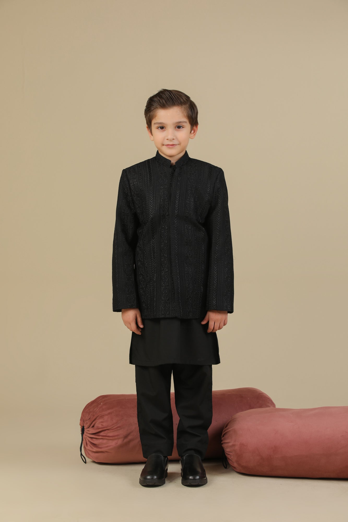 Black Cross Stitched Embroidered Prince Coat - Kids - Men