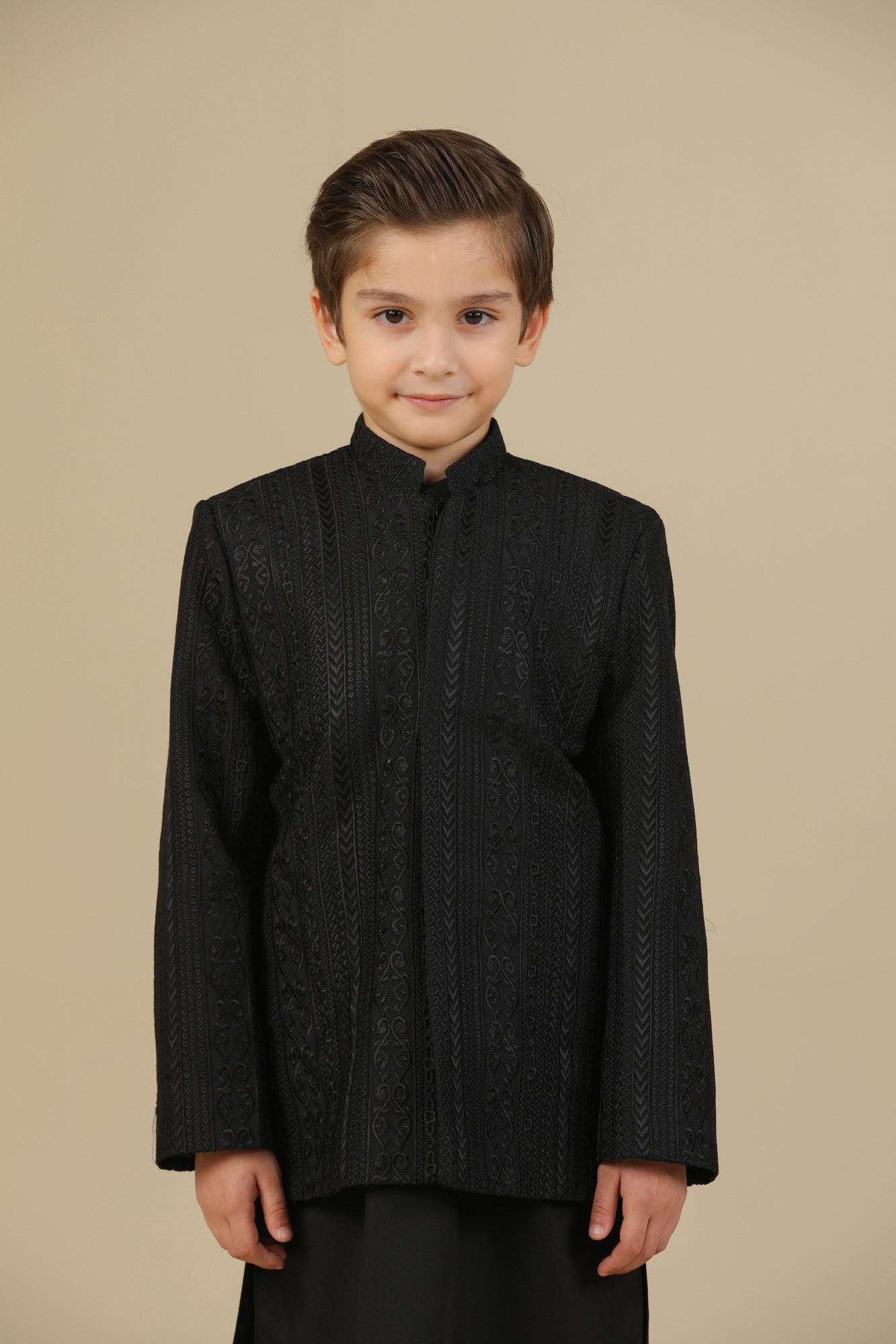 Black Cross Stitched Embroidered Prince Coat - Kids - Men