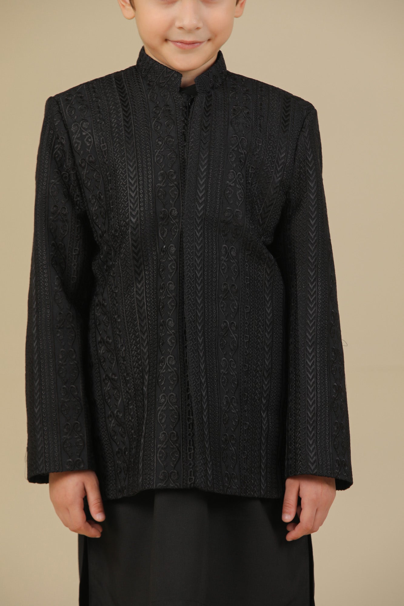 Black Cross Stitched Embroidered Prince Coat - Kids - Men