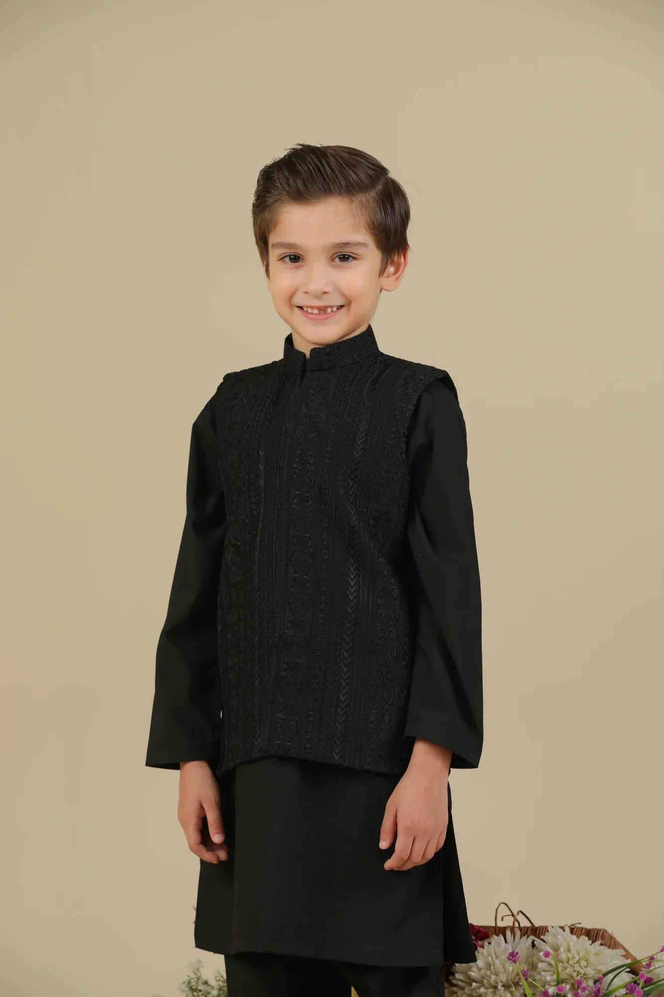 Black Kurta Trouser with Cross Stitched Embroidered Waistcoat - 3PC - Kids - Muraqsh -- Kidswear