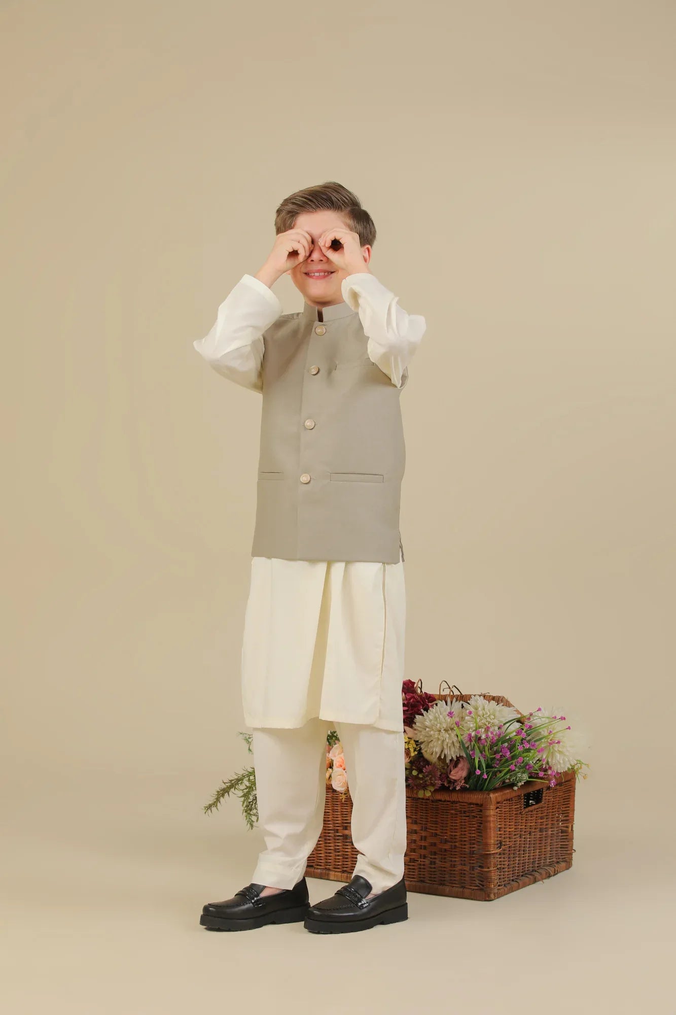 Bosky White Kurta Trouser with Beige Suiting Waistcoat - Straight Cut - Kids - Muraqsh -- Kidswear