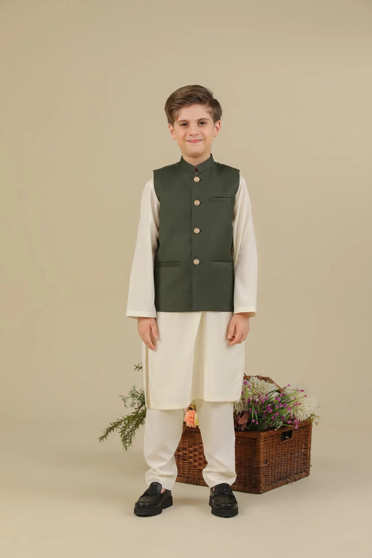 Bosky White Kurta Trouser with Army Green Suiting Waistcoat - Straight Cut - Kids - Muraqsh -- Kidswear