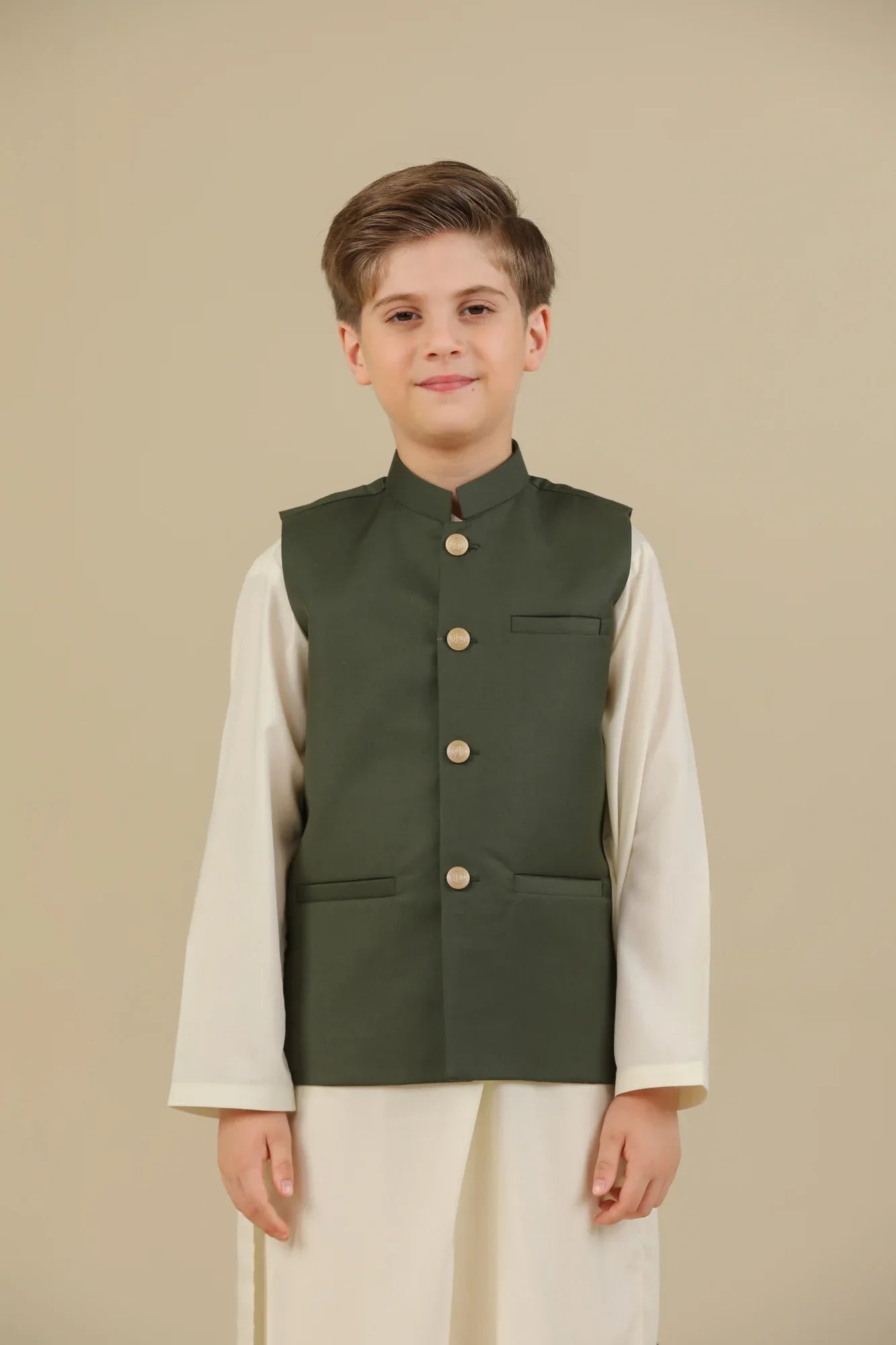 Bosky White Kurta Trouser with Army Green Suiting Waistcoat - Straight Cut - Kids - Muraqsh -- Kidswear