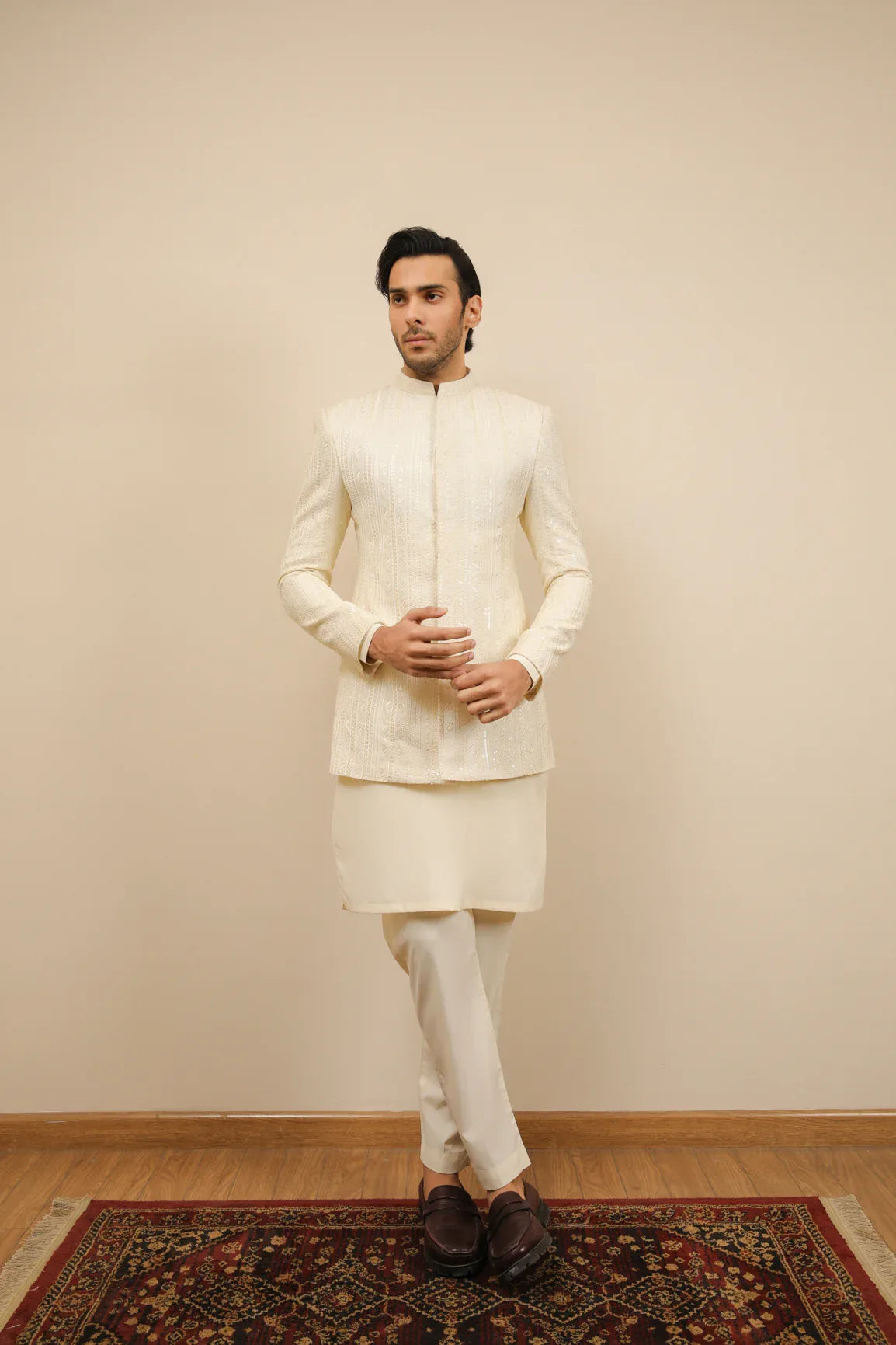 Bosky White Falling Embroidered Prince Coat - Men - Muraqsh -- Wedding Wear