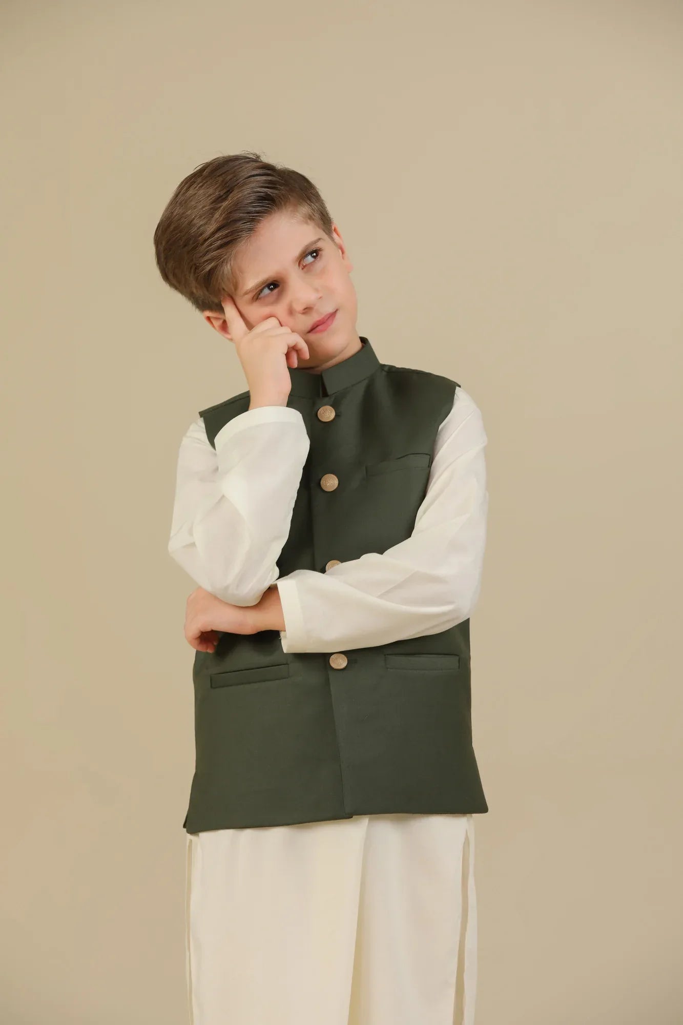 Bosky White Kurta Trouser with Army Green Suiting Waistcoat - Straight Cut - Kids - Muraqsh -- Kidswear