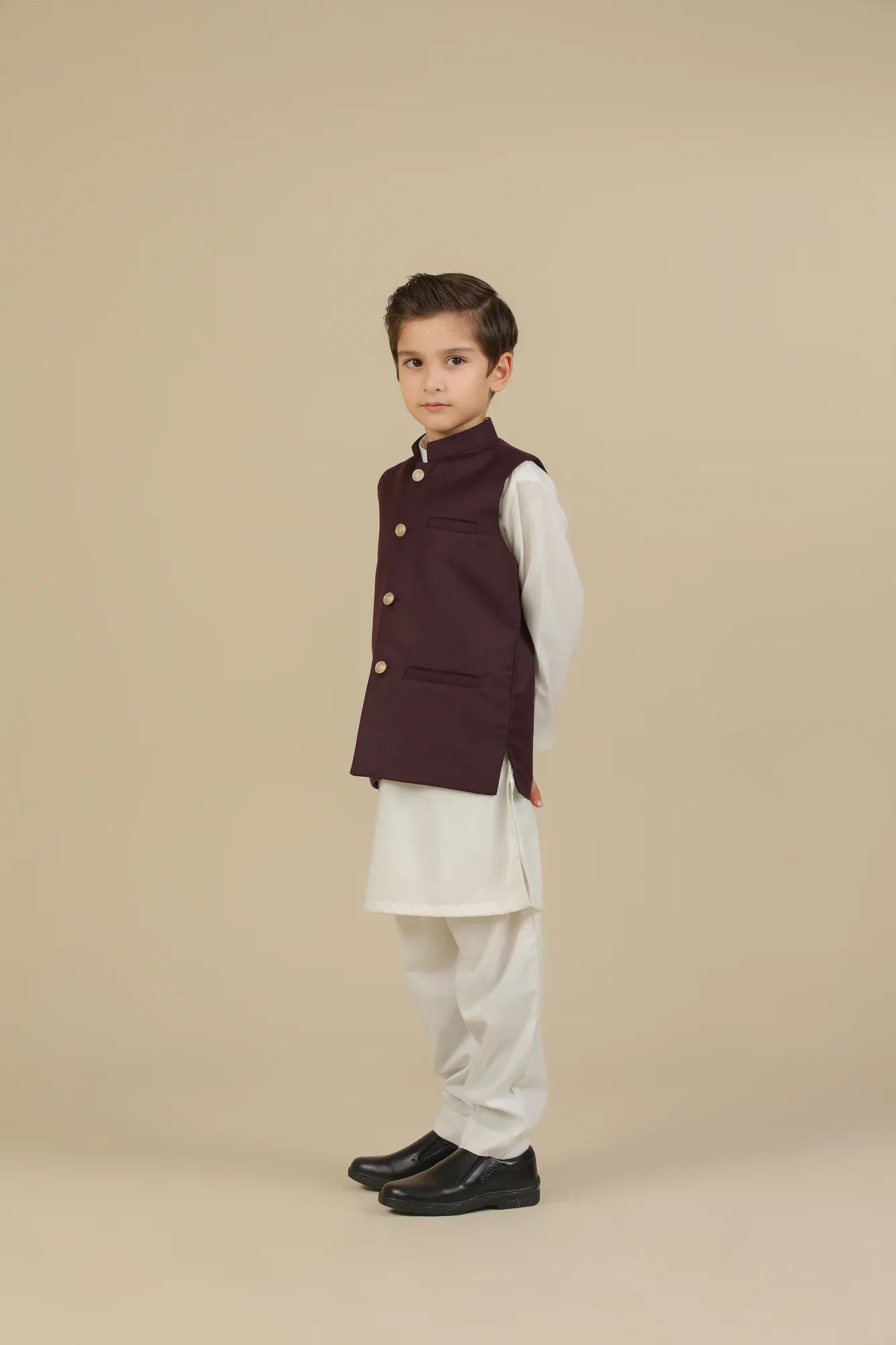 Off White Kurta Trouser with Burgundy Suiting Waistcoat - Straight Cut - Kids - Muraqsh -- Kidswear