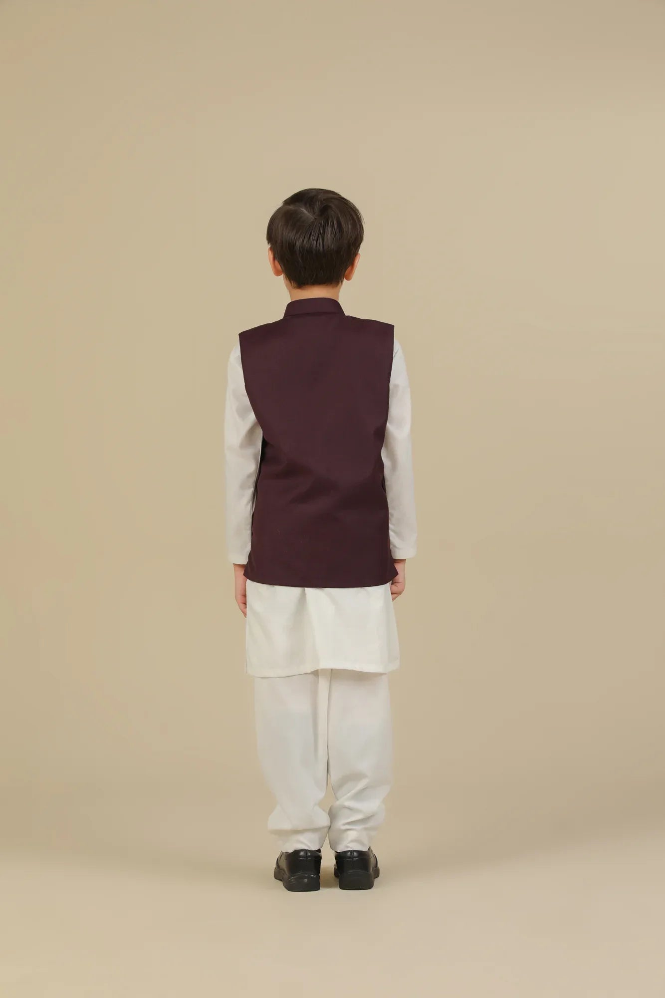 Off White Kurta Trouser with Burgundy Suiting Waistcoat - Straight Cut - Kids - Muraqsh -- Kidswear