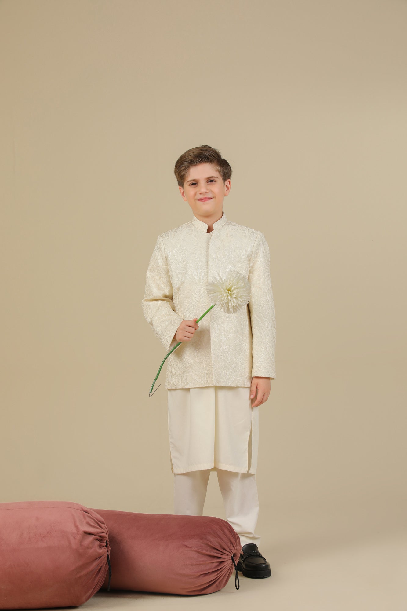 Bosky White Kurta Trouser with Cross Stitched Embroidered Prince Coat - 3PC - Kids - Men