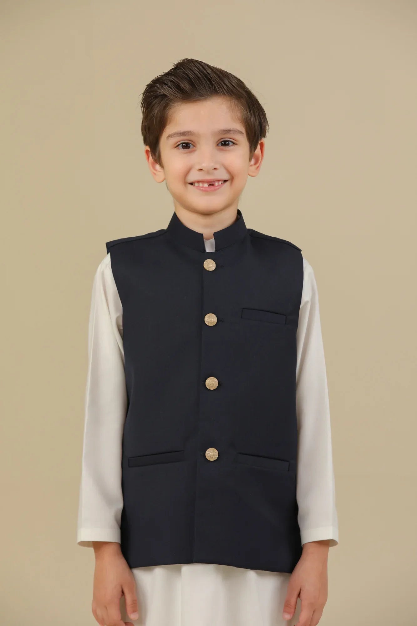 Off White Kurta Trouser with Blue Suiting Waistcoat - Straight Cut - Kids - Muraqsh -- Kidswear