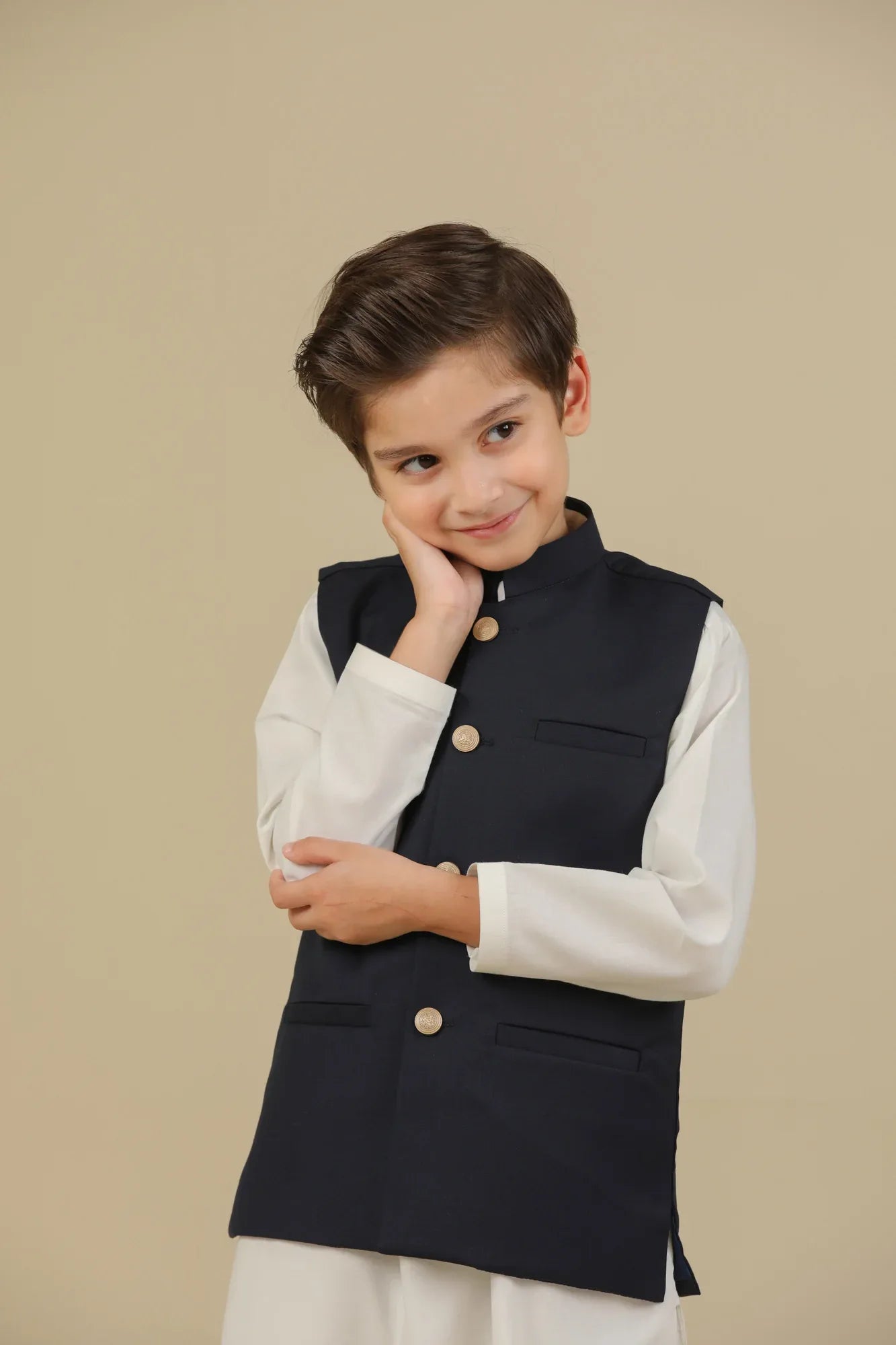 Off White Kurta Trouser with Blue Suiting Waistcoat - Straight Cut - Kids - Muraqsh -- Kidswear