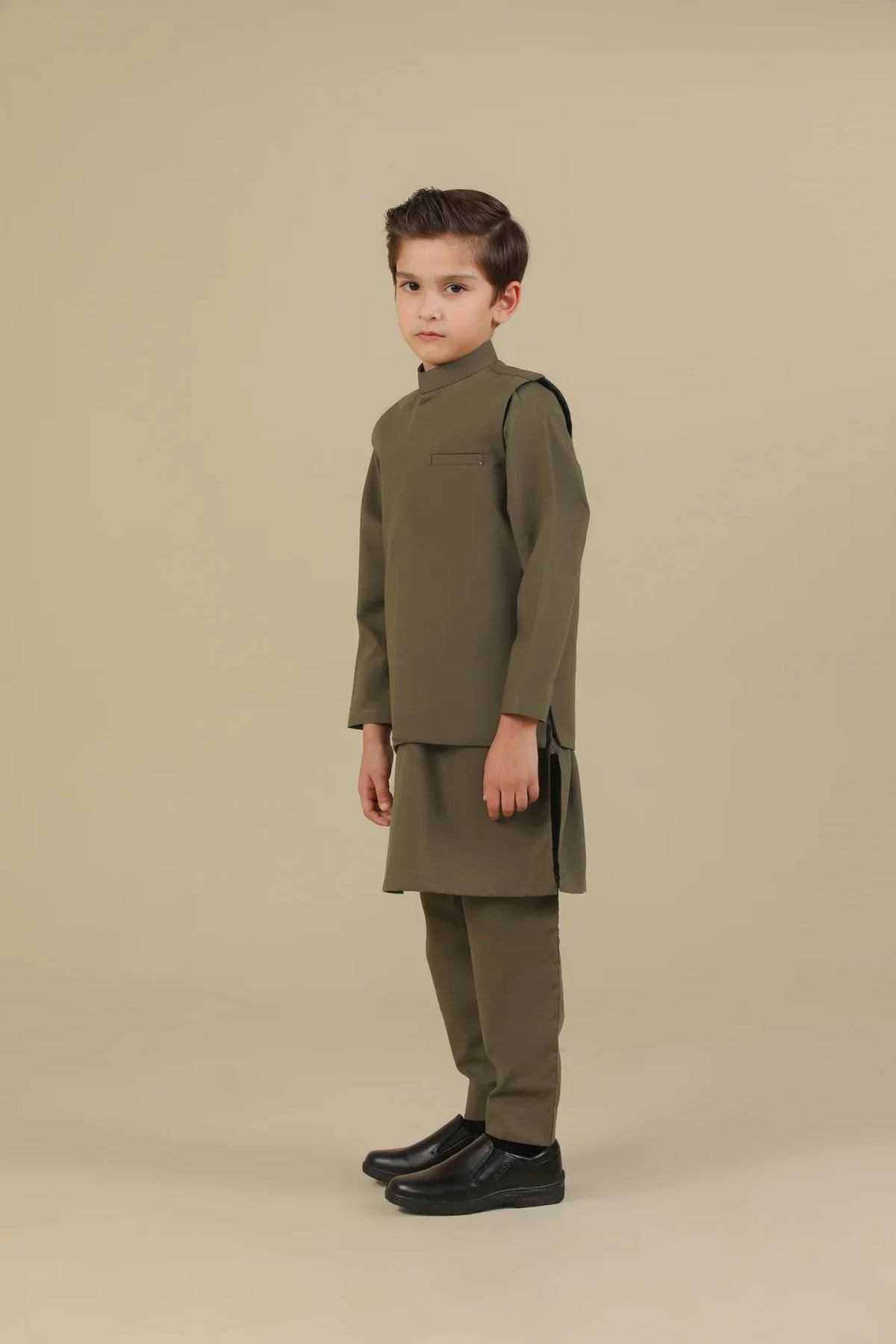 Olive Green Kurta Trouser with Blended Waistcoat - Kids - Muraqsh -- Kidswear