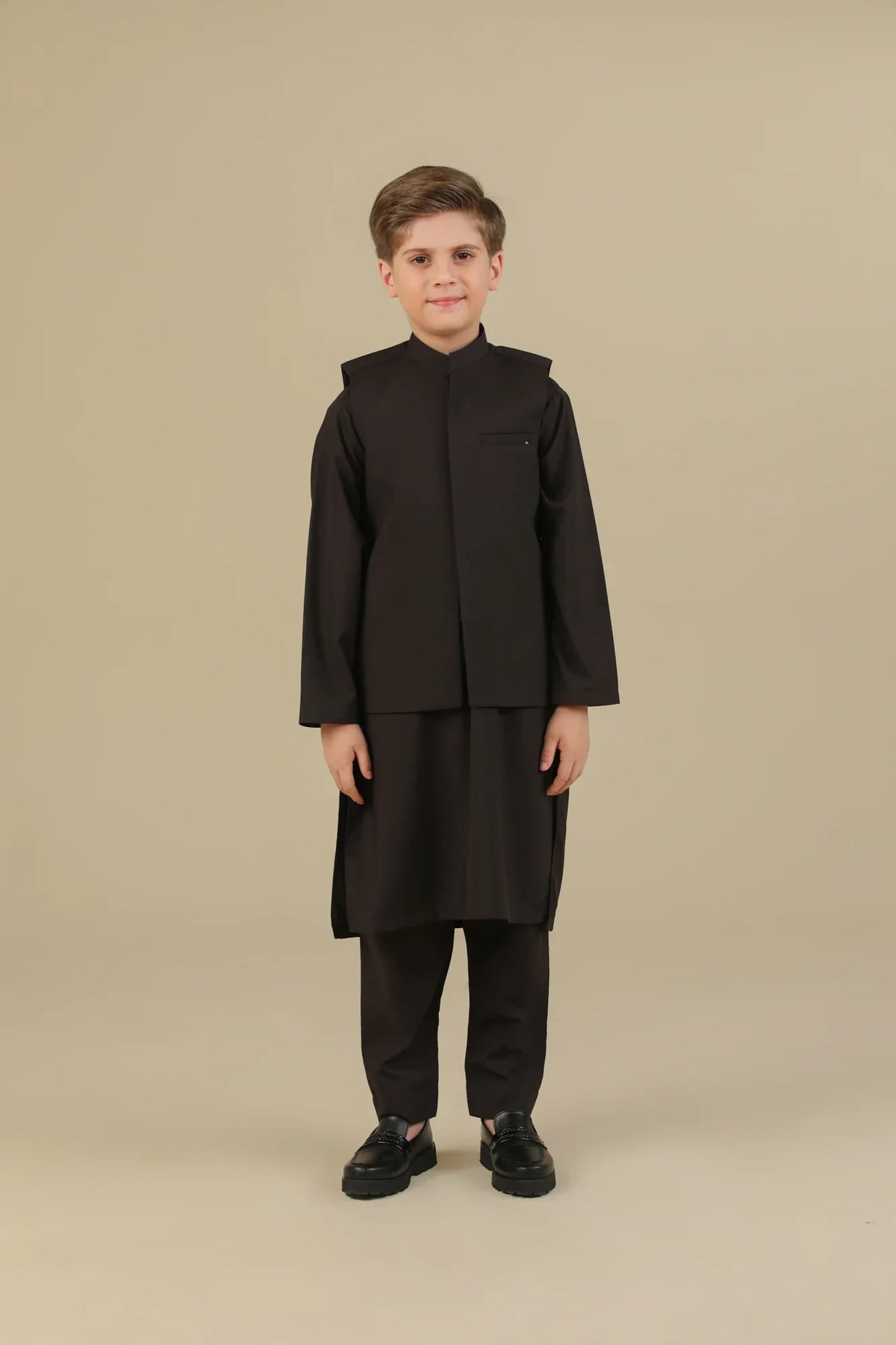 Dark Brown Kurta Trouser with Suiting Waistcoat - Straight Cut - Kids - Muraqsh -- Kidswear