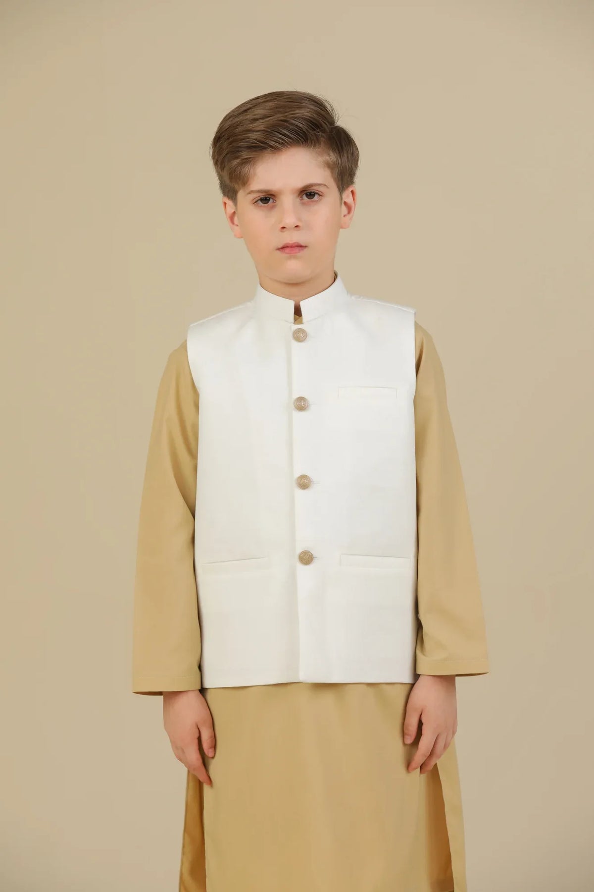 Ivory Kurta Trouser with Off White Suiting Waistcoat - Straight Cut - Kids - Muraqsh -- Kidswear
