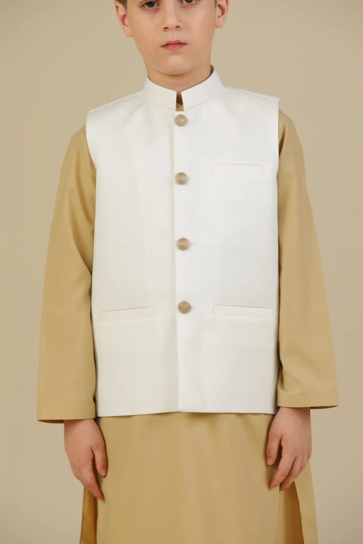 Ivory Kurta Trouser with Off White Suiting Waistcoat - Straight Cut - Kids - Muraqsh -- Kidswear