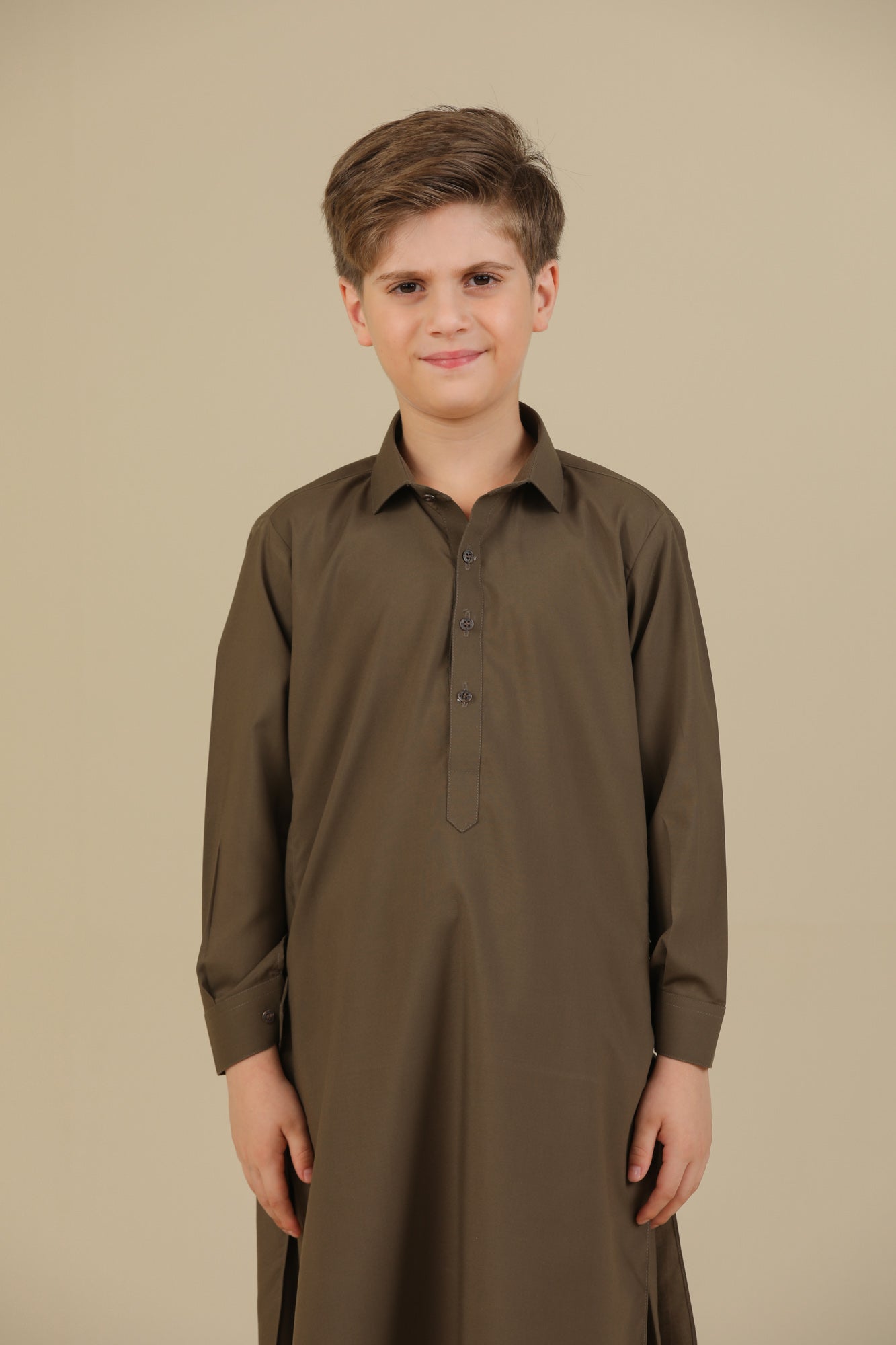 Olive Green French Collar Kurta Trouser - Kids - Men
