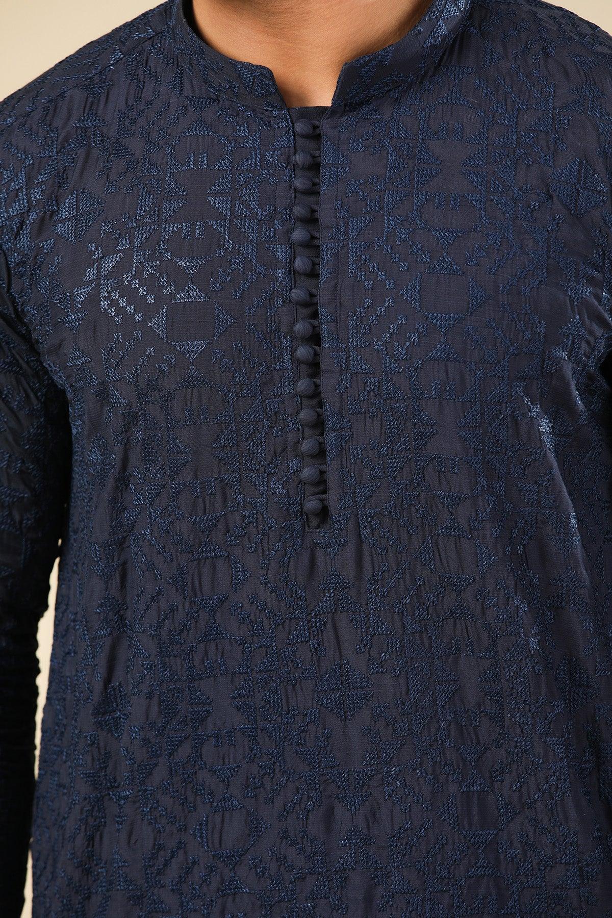 Feroz - Dark Blue Raw Silk Embroidered Kurta Trouser - Men - Muraqsh -- Menswear