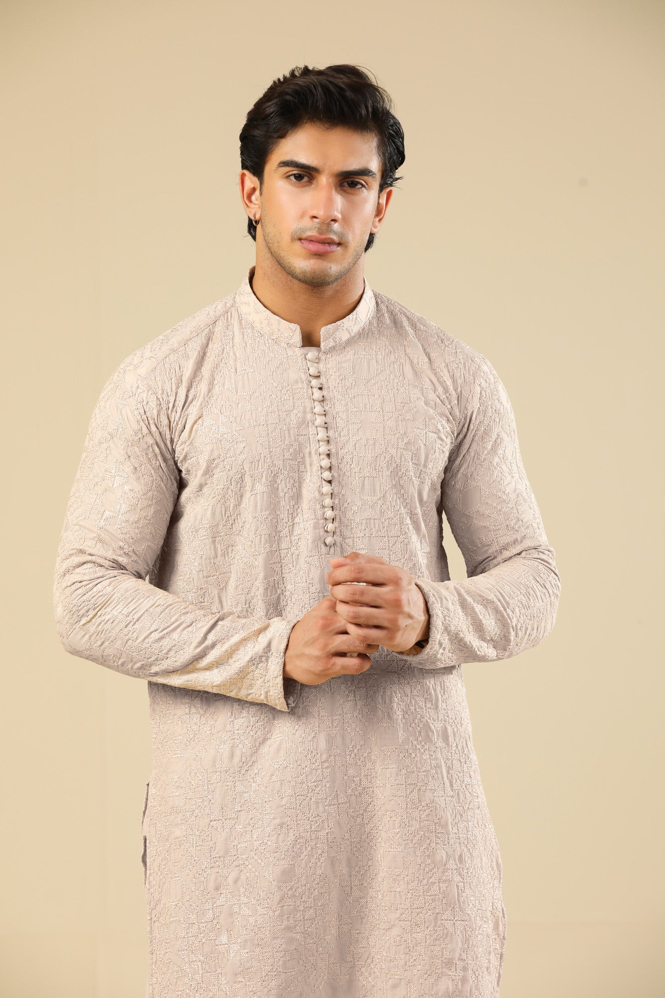 Tabir - Beige Raw Silk Embroidered Kurta Trouser - Men - Men