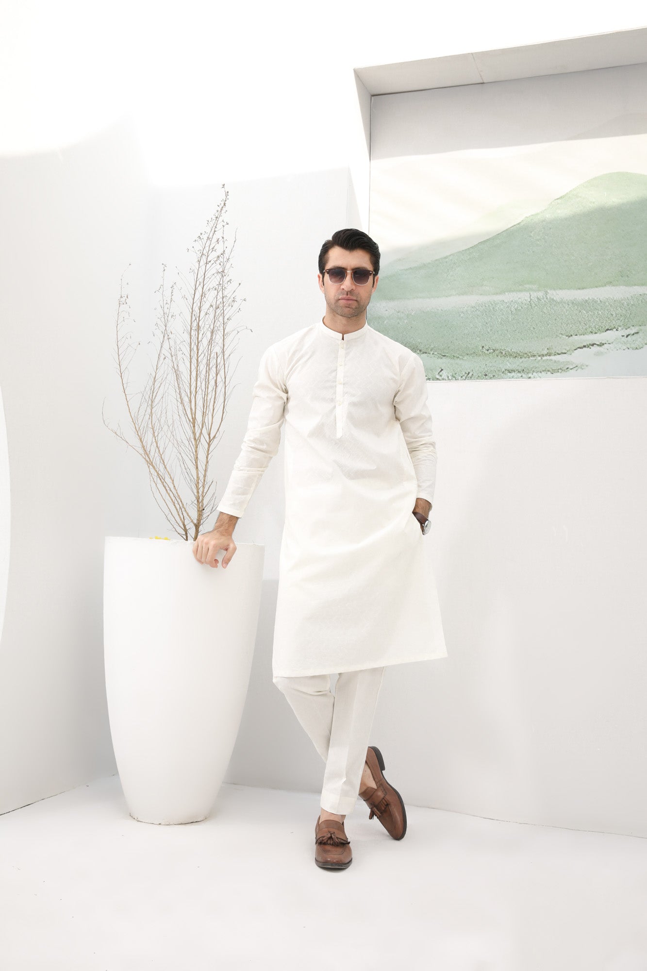 Off White Cotton Embroidered Kurta Trouser - Men - Men