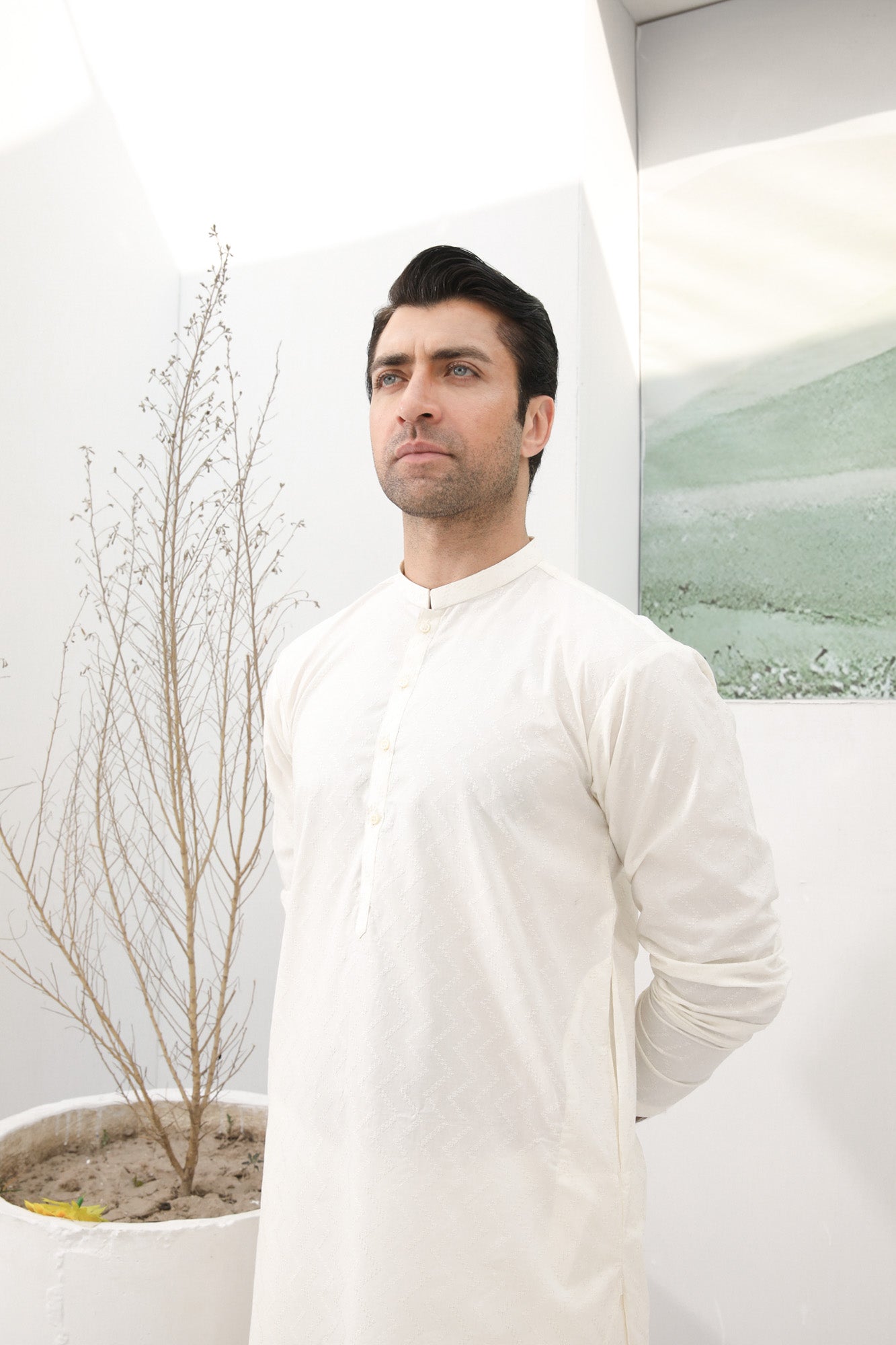 Off White Cotton Embroidered Kurta Trouser - Men - Men