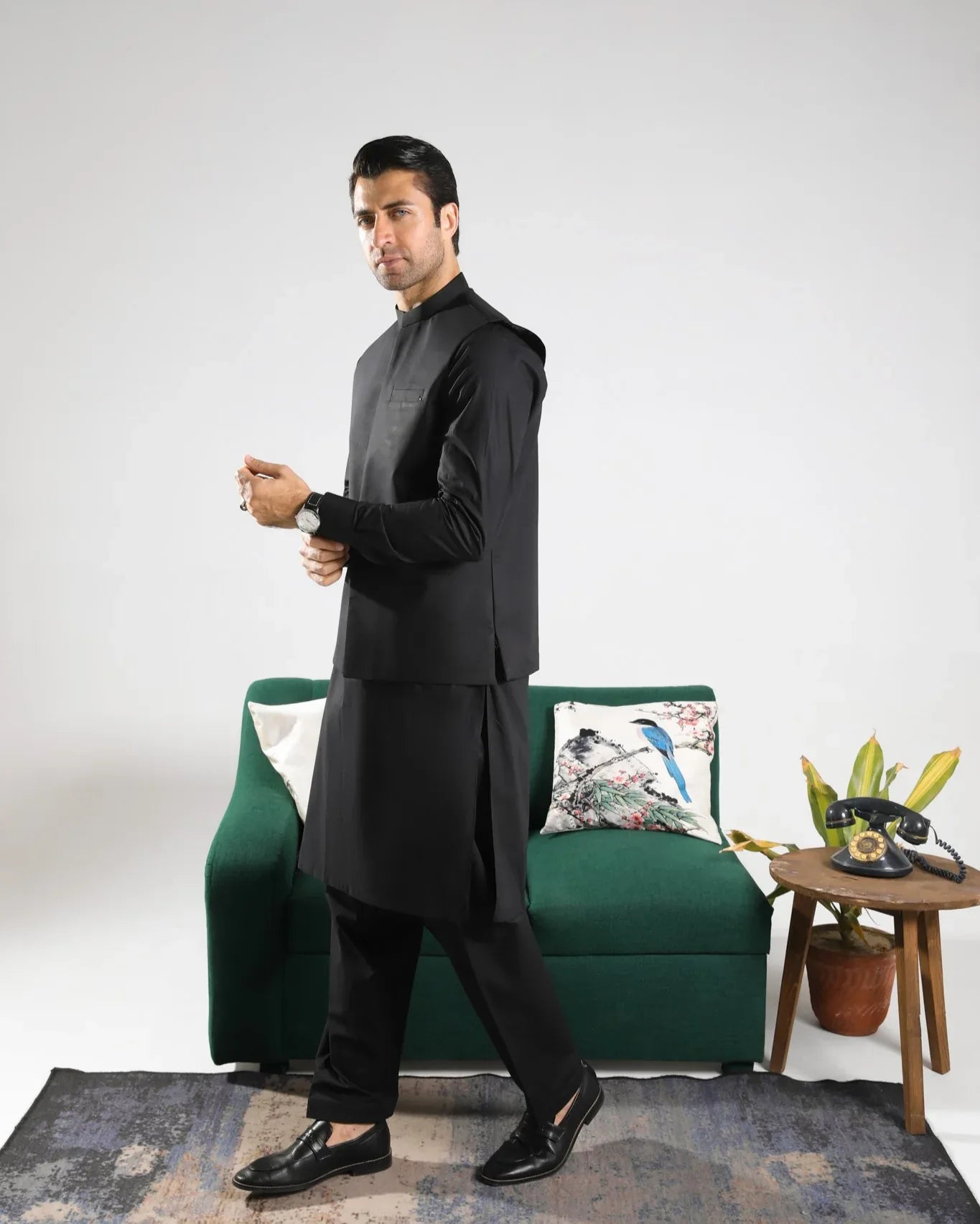 Black Soft Cotton Kurta Shalwar with Waistcoat - Men - Muraqsh -- Menswear