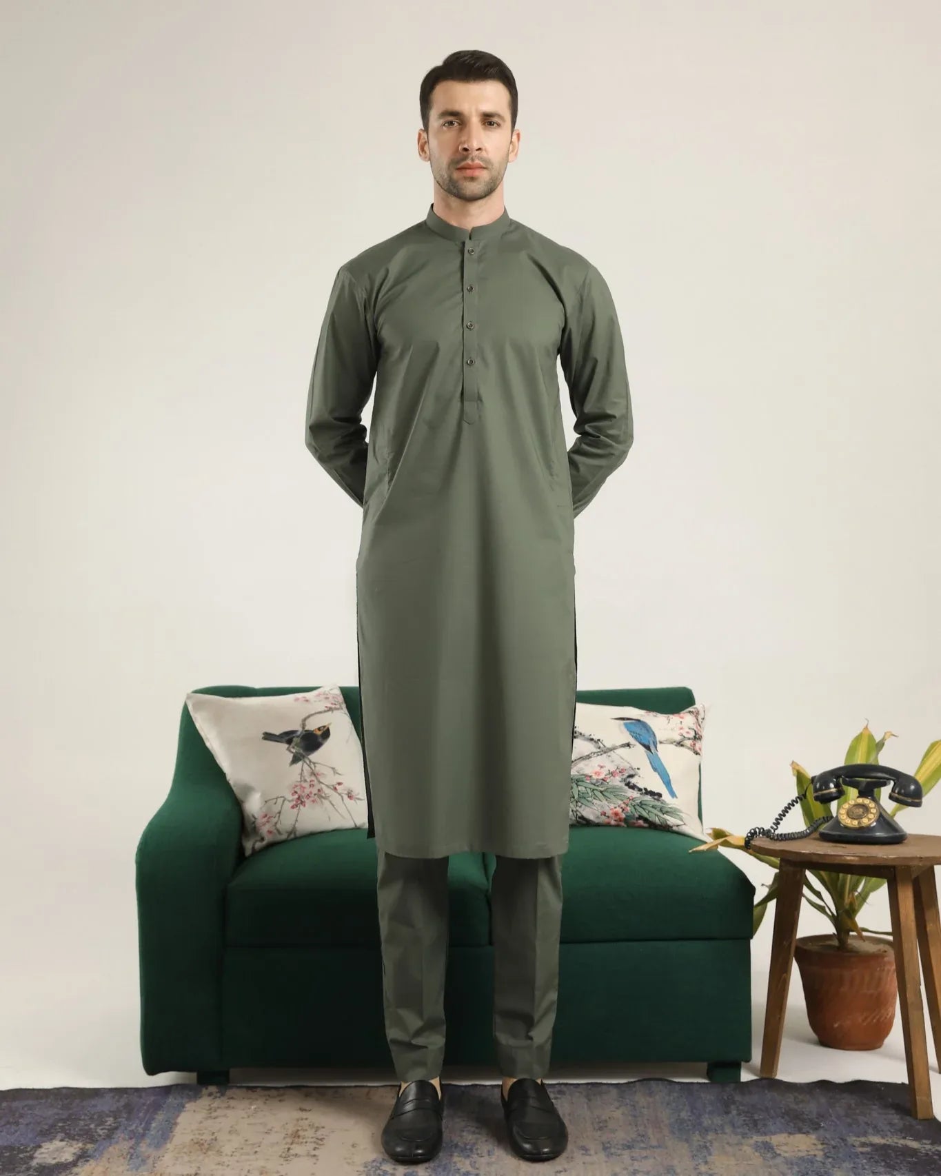 Army Green Soft Cotton Kurta Trouser - Men - Muraqsh -- Menswear