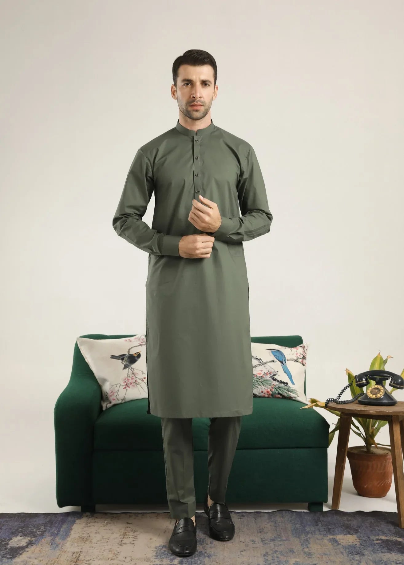 Army Green Soft Cotton Kurta Trouser - Men - Muraqsh -- Menswear