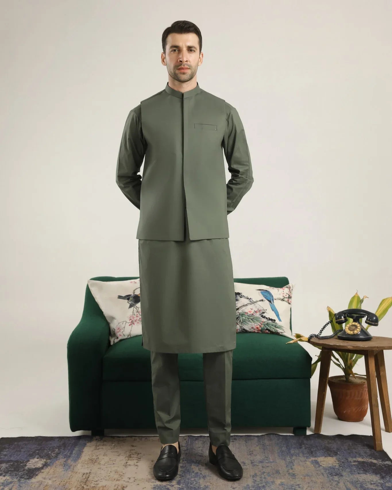 Army Green Soft Cotton Kurta Trouser with Waistcoat - Men - Muraqsh -- Menswear