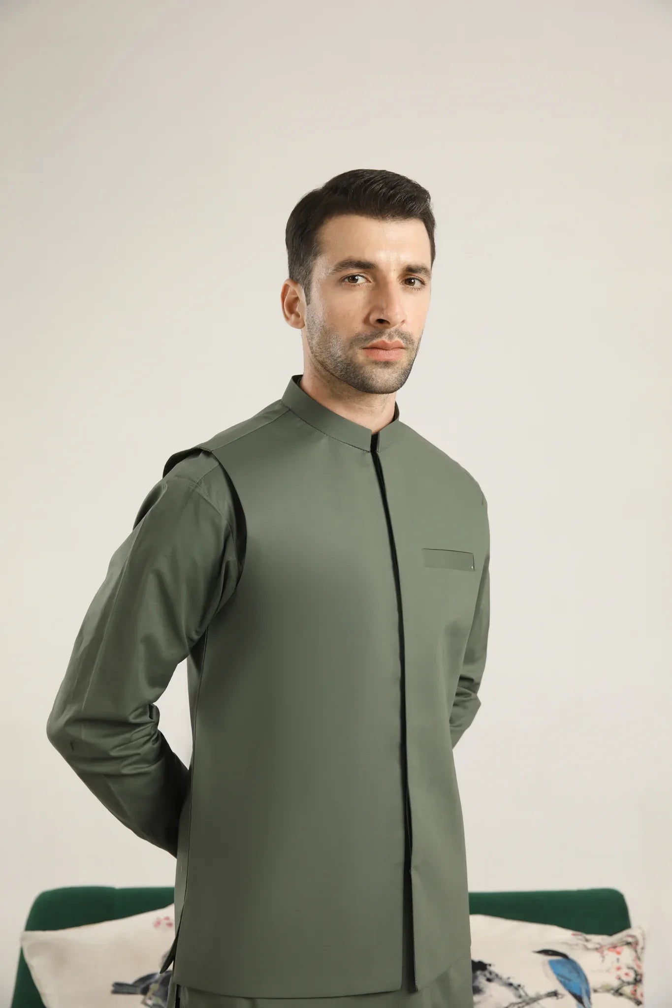 Army Green Soft Cotton Kurta Trouser with Waistcoat - Men - Muraqsh -- Menswear