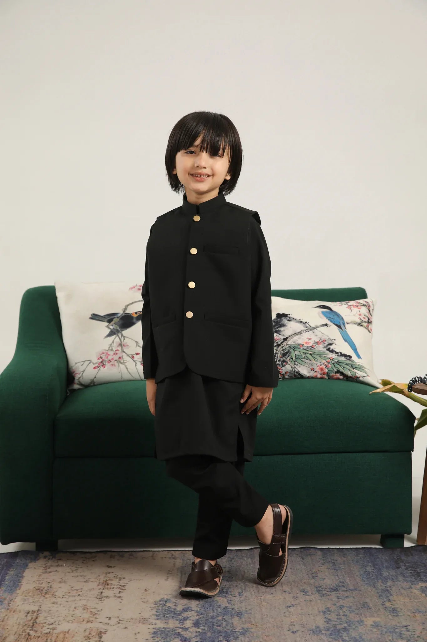 Black Kurta Trouser with Blended Waistcoat - Round Cut Buttoned - Kids - Muraqsh -- Kidswear