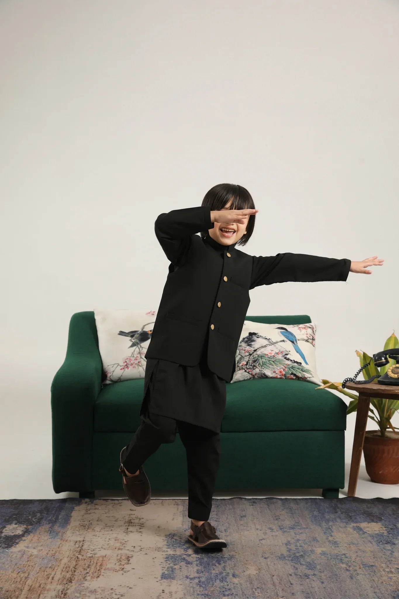 Black Kurta Trouser with Blended Waistcoat - Round Cut Buttoned - Kids - Muraqsh -- Kidswear