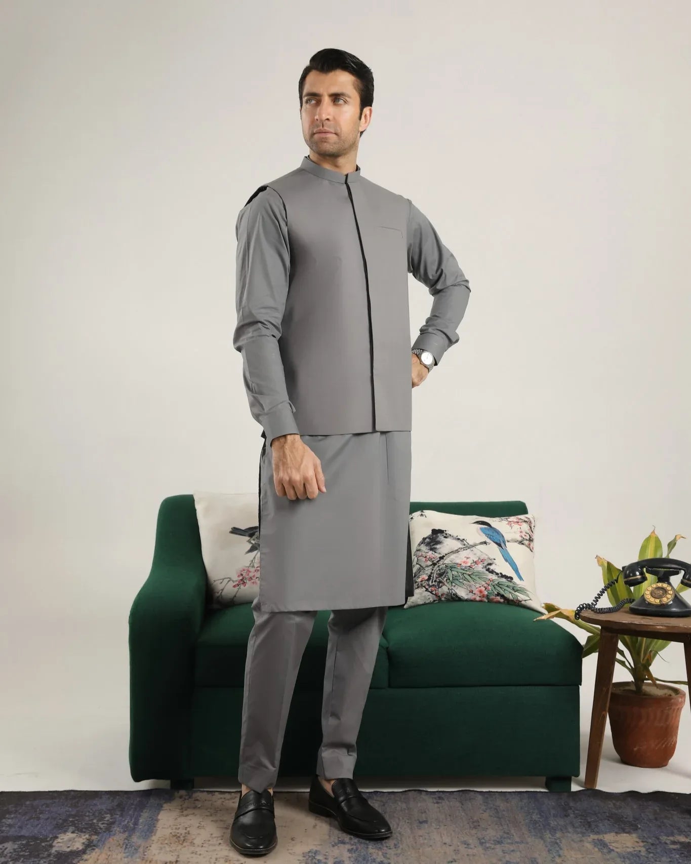 Light Grey Soft Cotton Kurta Trouser with Waistcoat - Men - Muraqsh -- Menswear