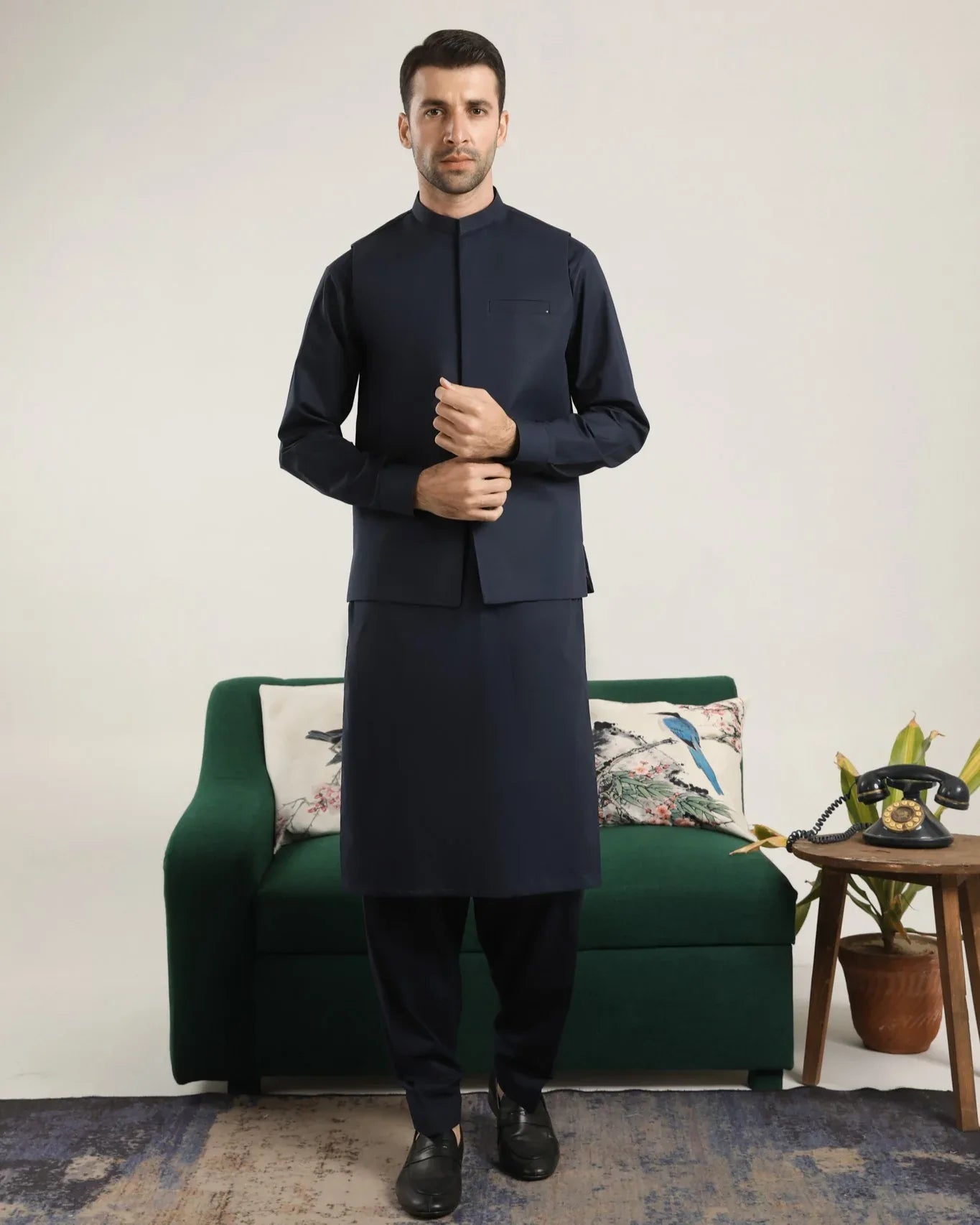 Dark Navy Blue Soft Cotton Kurta Shalwar with Waistcoat - Men - Muraqsh -- Menswear