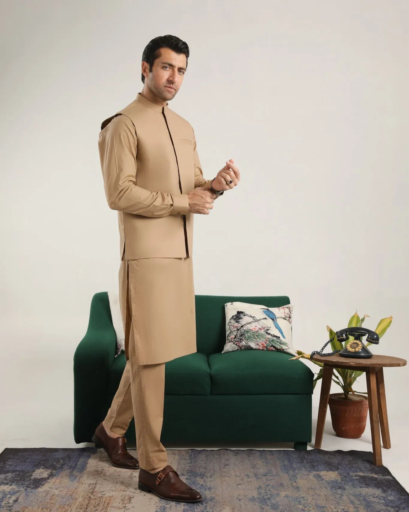 Camel Cotton Soft Kurta Trouser with Waistcoat - Men - Muraqsh -- Menswear