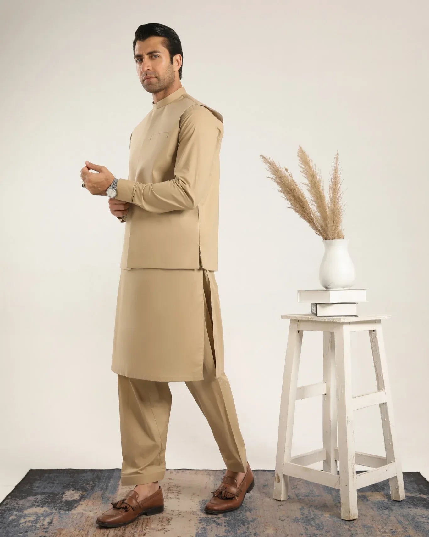 Ivory Skin Soft Cotton Kurta Shalwar with Waistcoat - Men - Muraqsh -- Menswear