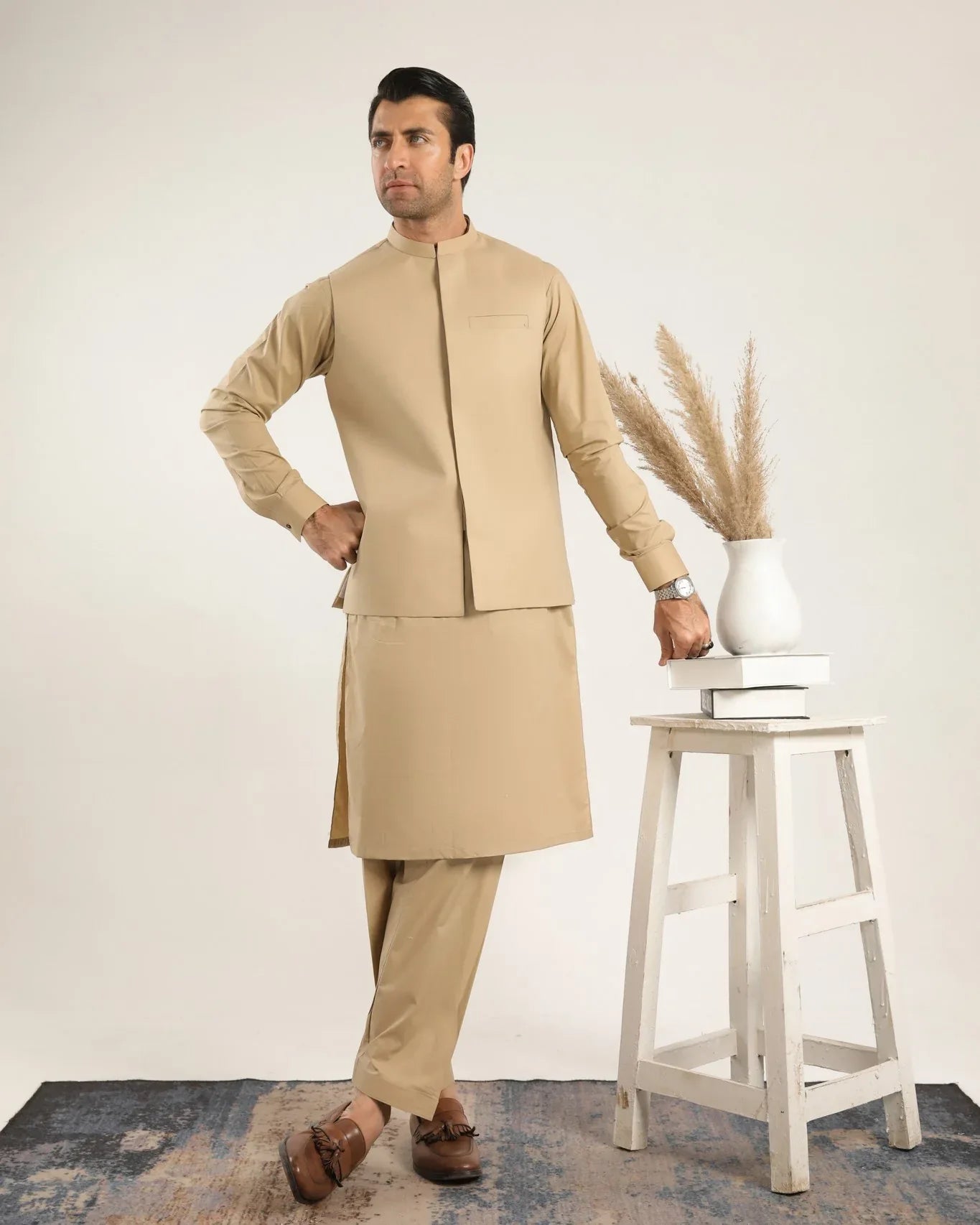 Ivory Skin Soft Cotton Kurta Shalwar with Waistcoat - Men - Muraqsh -- Menswear