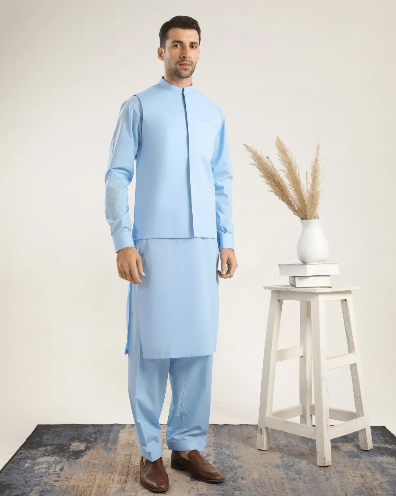Sky Blue Soft Cotton Kurta Shalwar with Waistcoat - Men - Muraqsh -- Menswear