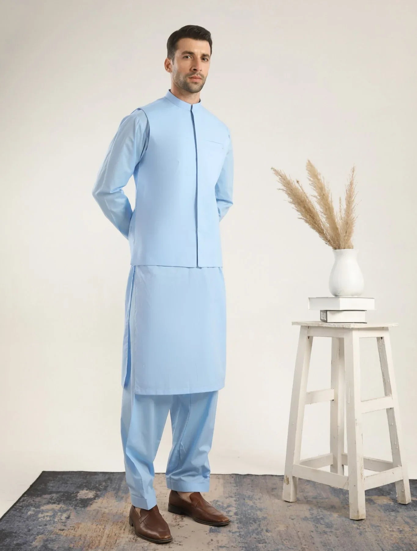 Sky Blue Soft Cotton Kurta Shalwar with Waistcoat - Men - Muraqsh -- Menswear