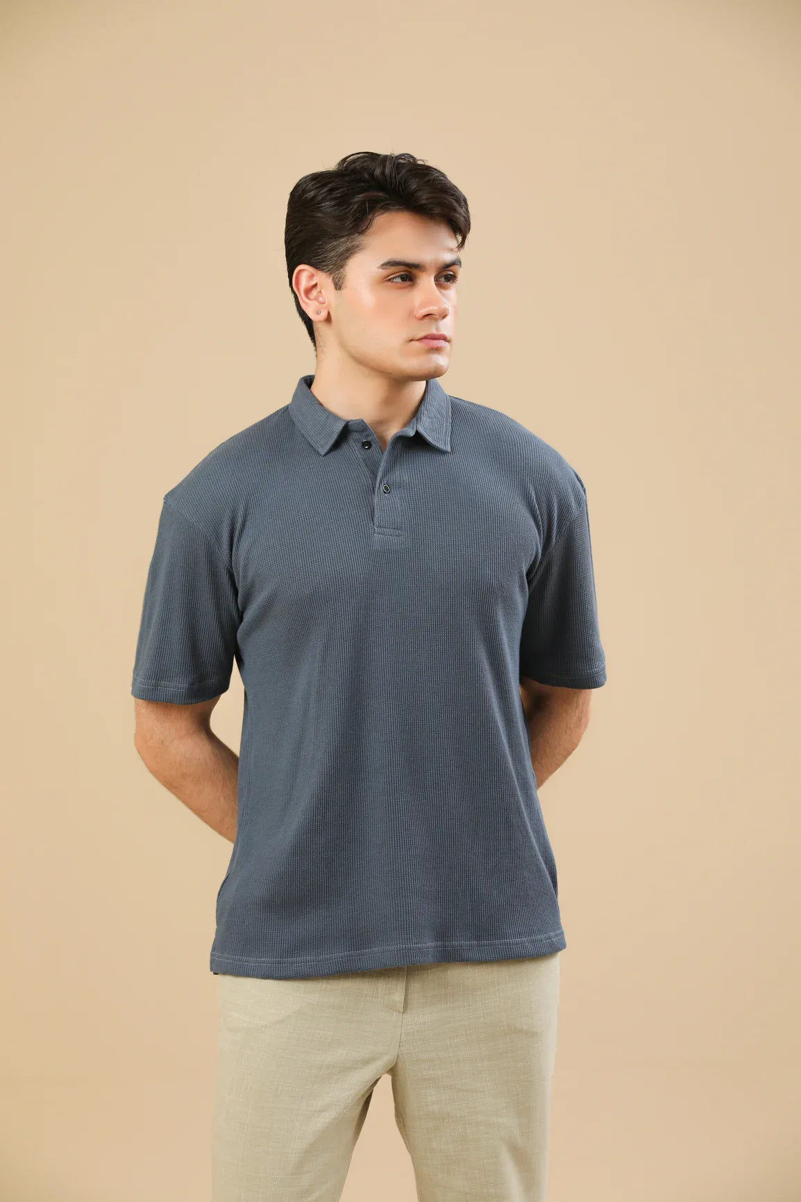 Midnight Blue Oversized Waffle Polo - Men - Muraqsh -- Men Western