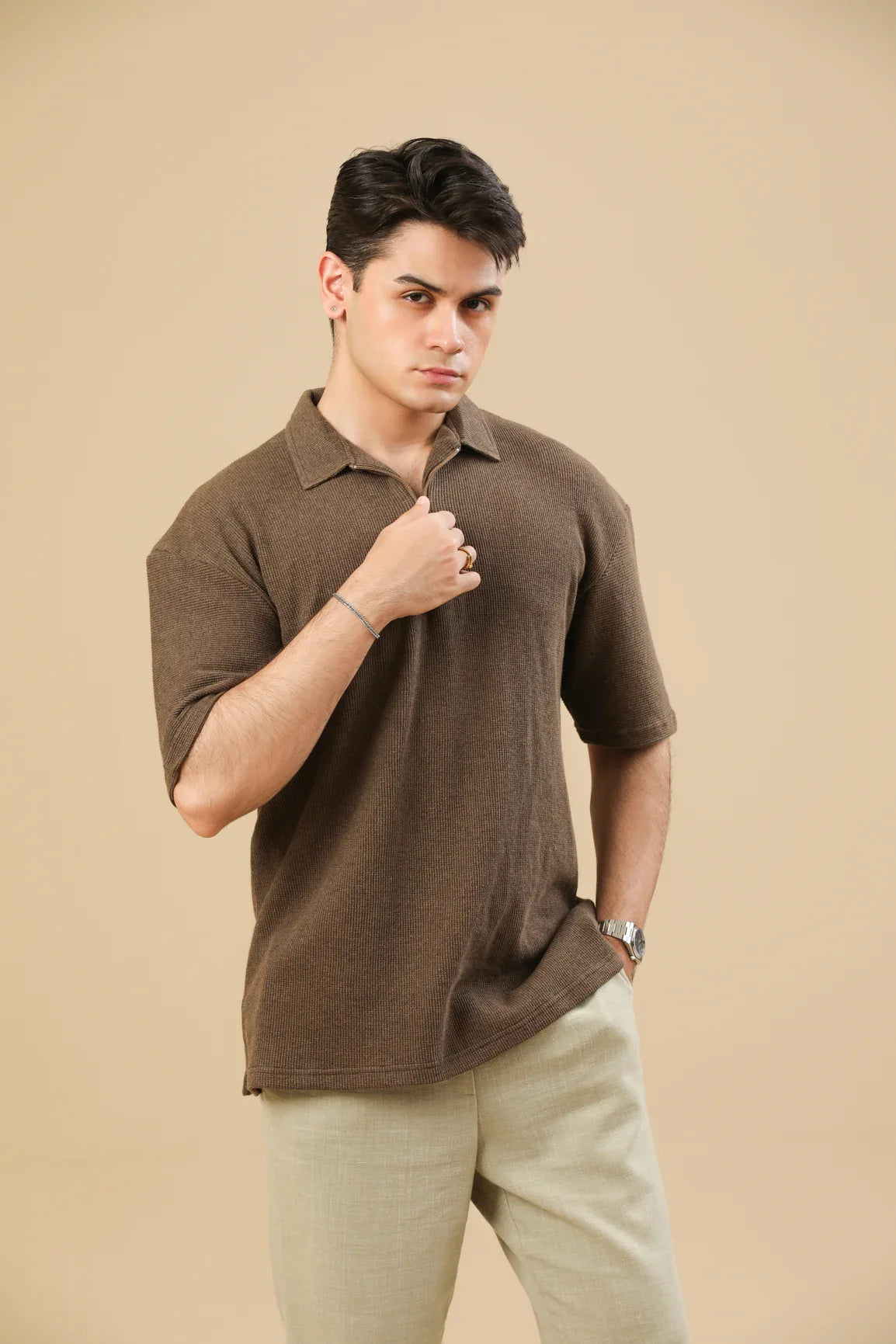 Coffee Brown Oversized Waffle Zipper Polo - Men - Muraqsh -- Men Western