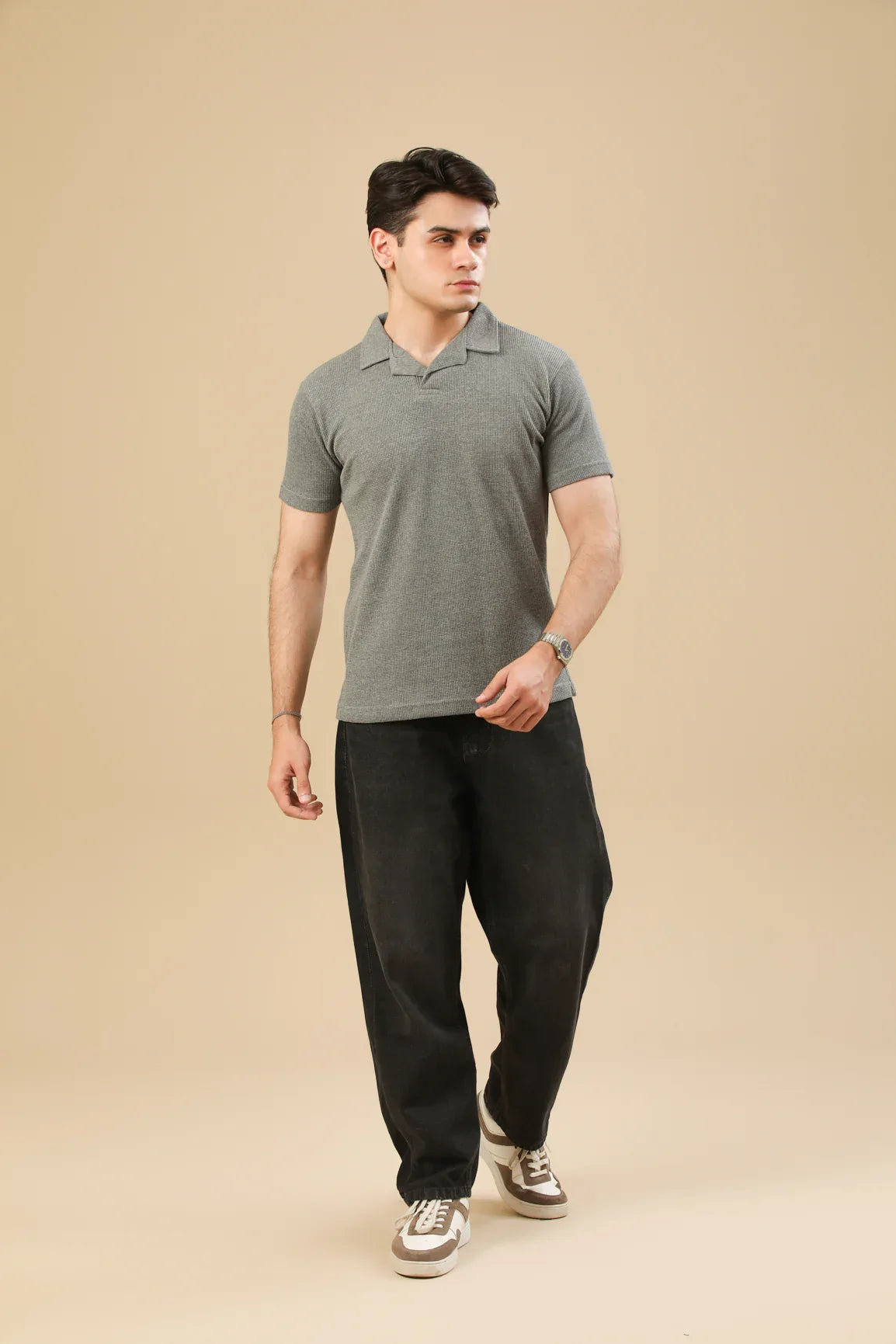 Light Grey Waffle Revere Polo - Men - Muraqsh -- Men Western