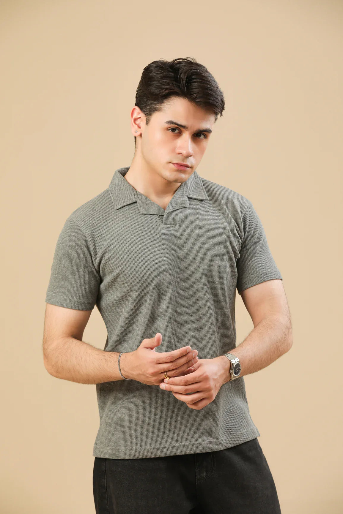 Light Grey Waffle Revere Polo - Men - Muraqsh -- Men Western