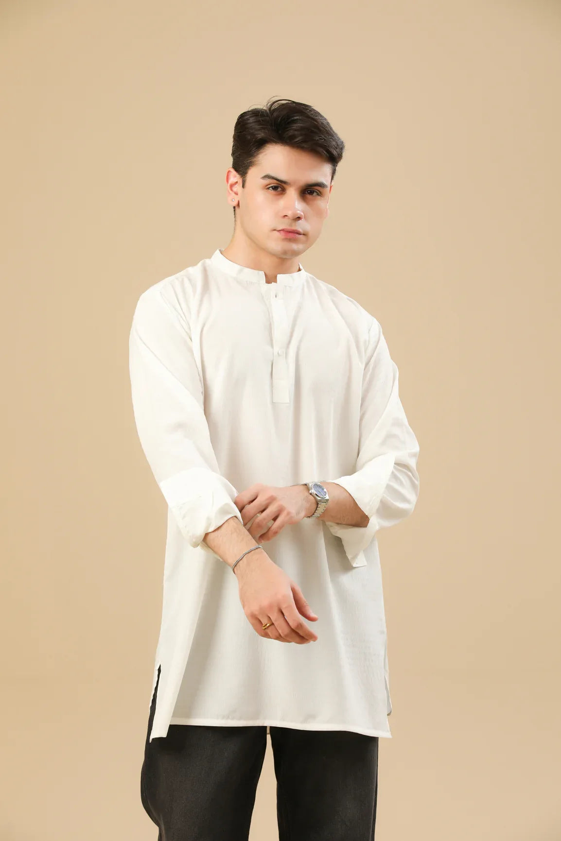Off White Textured Short Kurta - Men - Muraqsh -- Men Western
