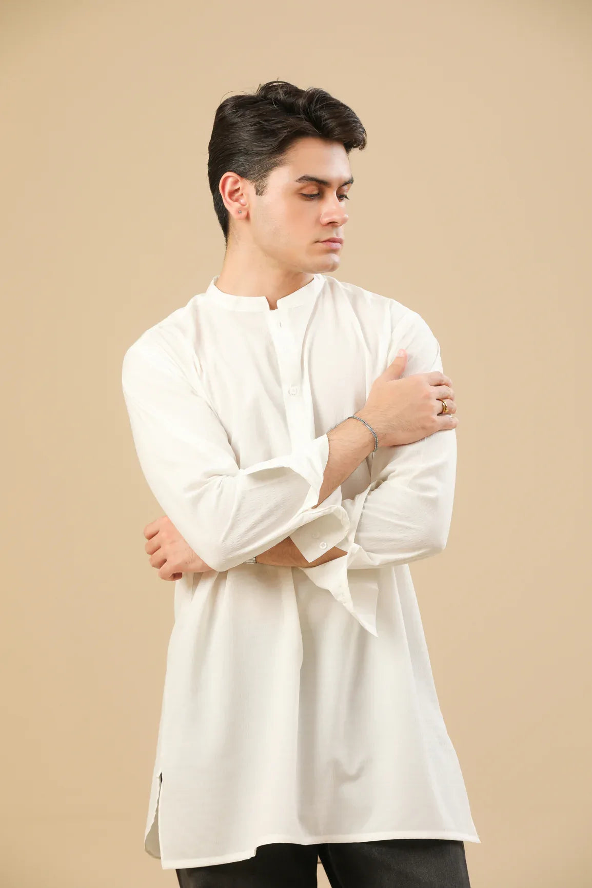 Off White Textured Short Kurta - Men - Muraqsh -- Men Western
